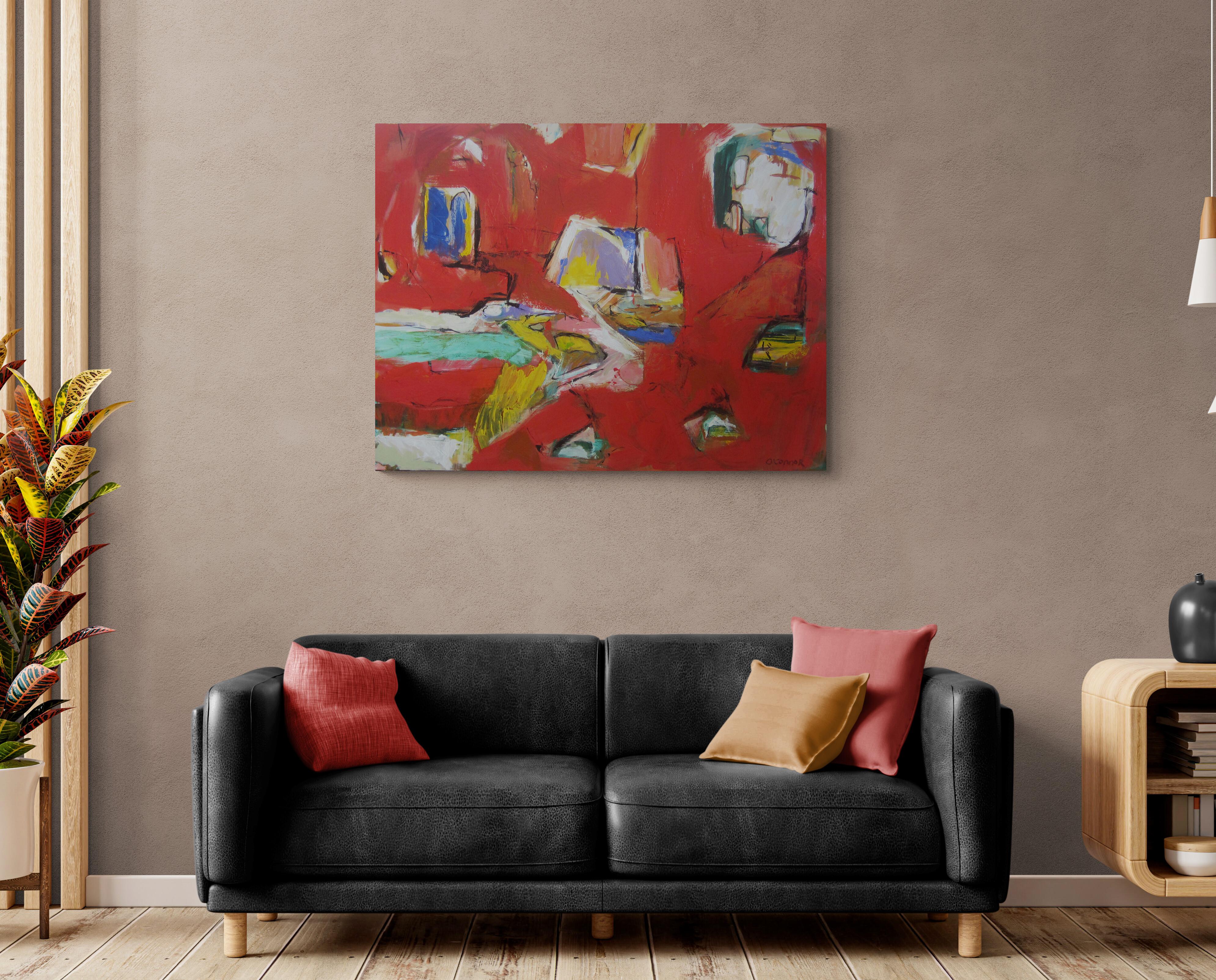SONGBIRDS, Original Signed Contemporary Red Abstract Expressionist Painting For Sale 10