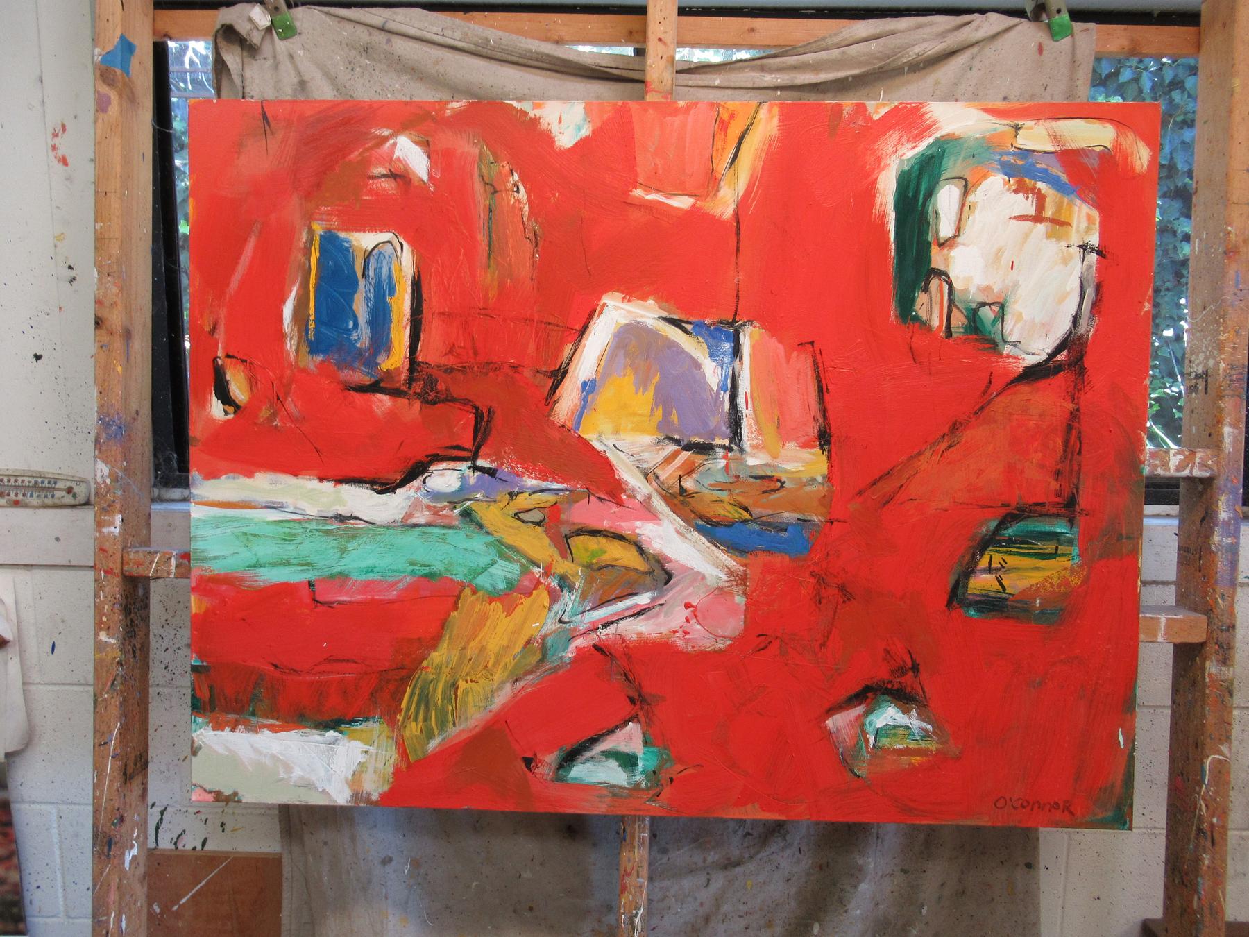 SONGBIRDS, Original Signed Contemporary Red Abstract Expressionist Painting For Sale 4