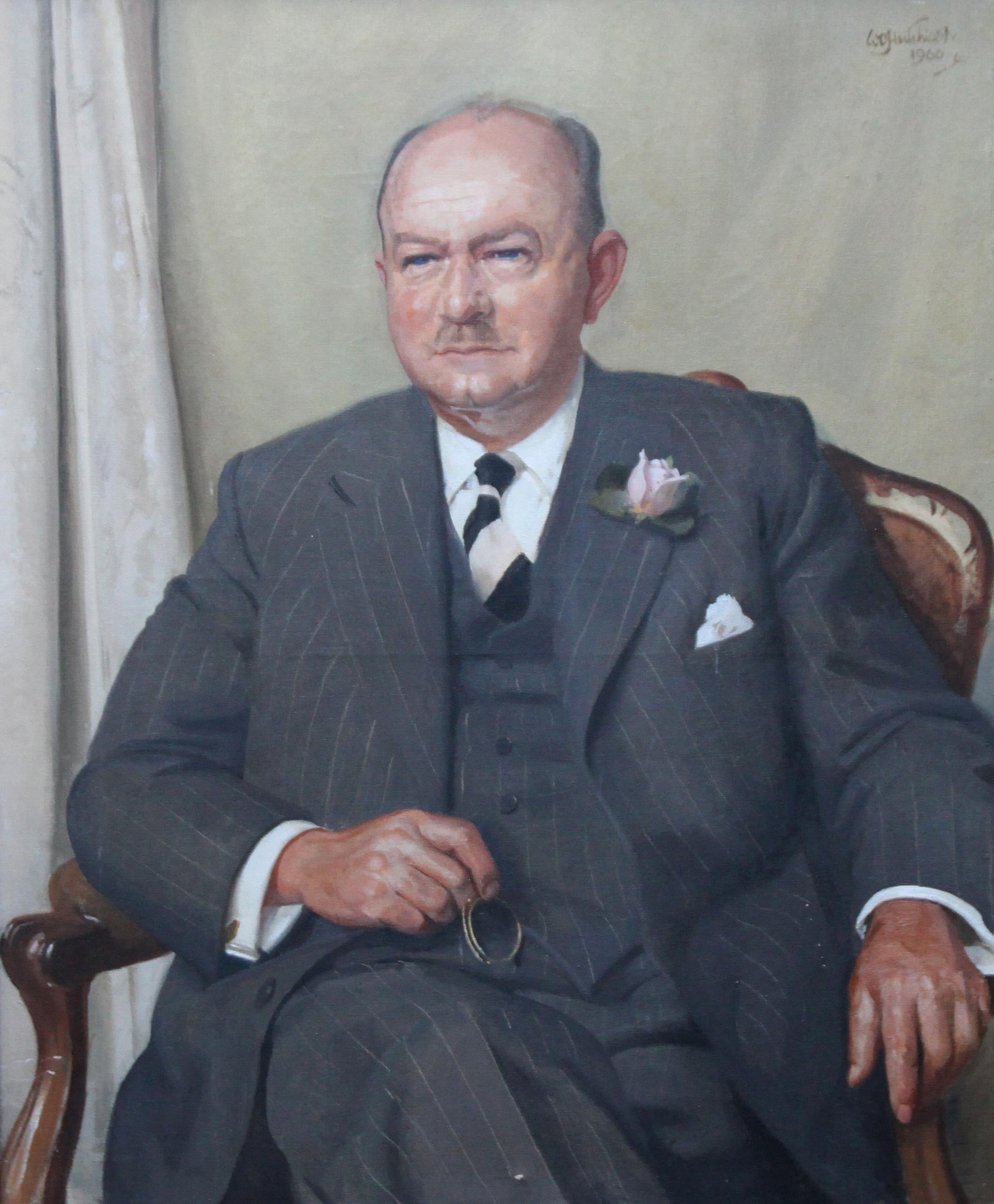 An original large Scottish portrait oil by noted Scottish artist William Oliphant Hutchinson. The work is a portrait of a gentleman, in a suit,  with a rose in his lapel. This painting is a fine realist portrait. It dates to 1960 when he was at the