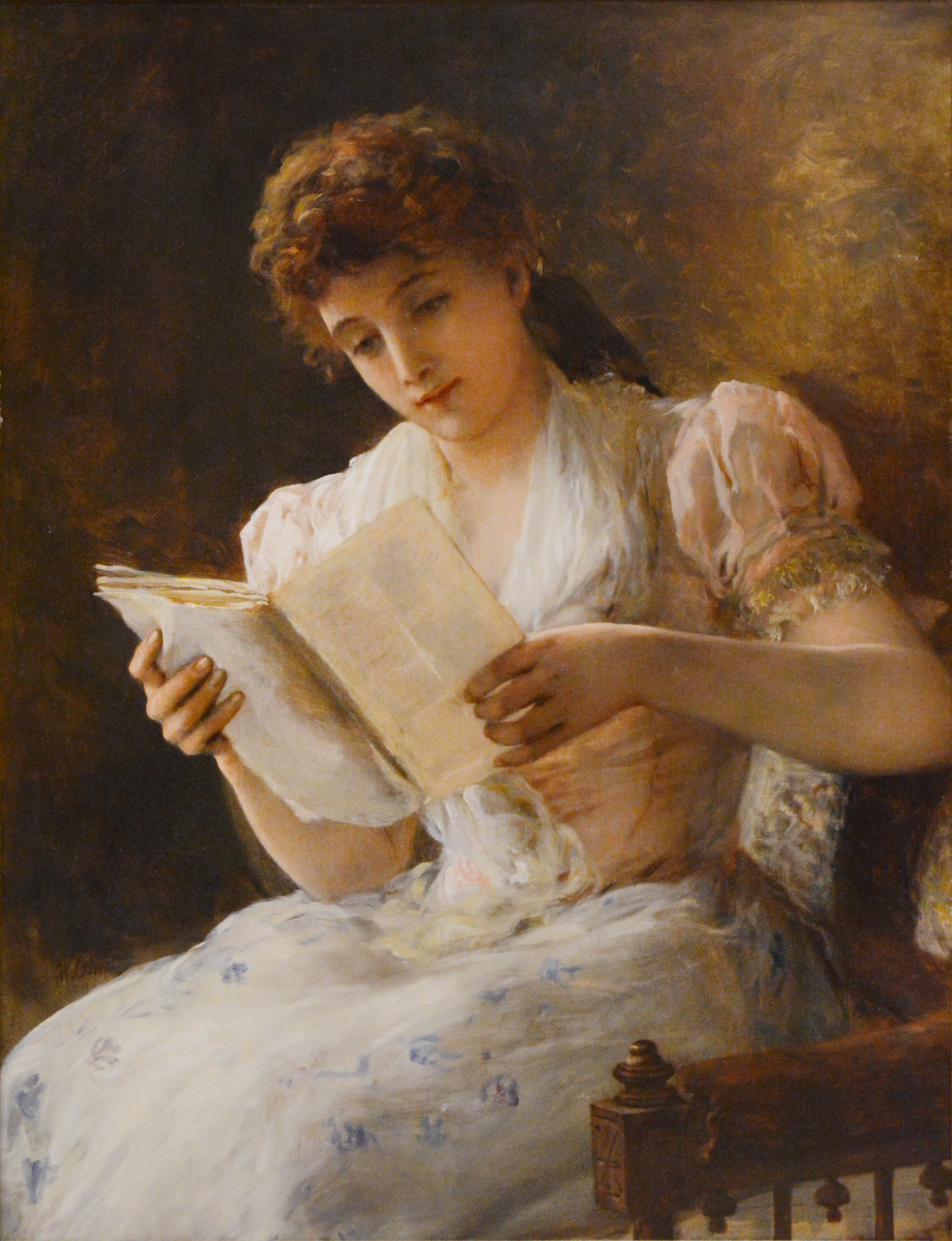 William Oliver Figurative Painting - 19th Century Academic Portrait of a Woman, "Woman reading a Book"