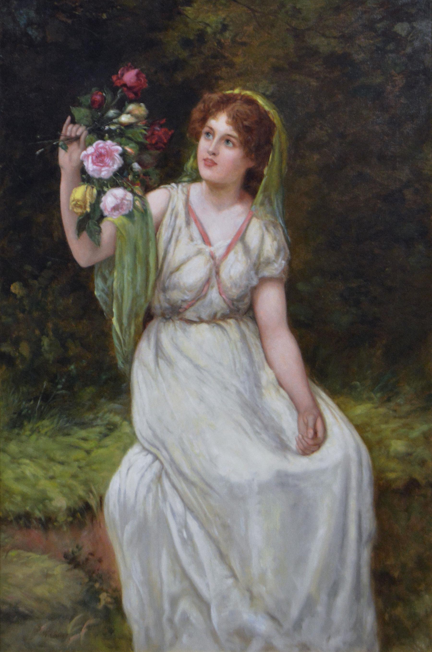 Dipinto a olio di genere del XIX secolo raffigurante una giovane donna con le rose - Painting di William Oliver