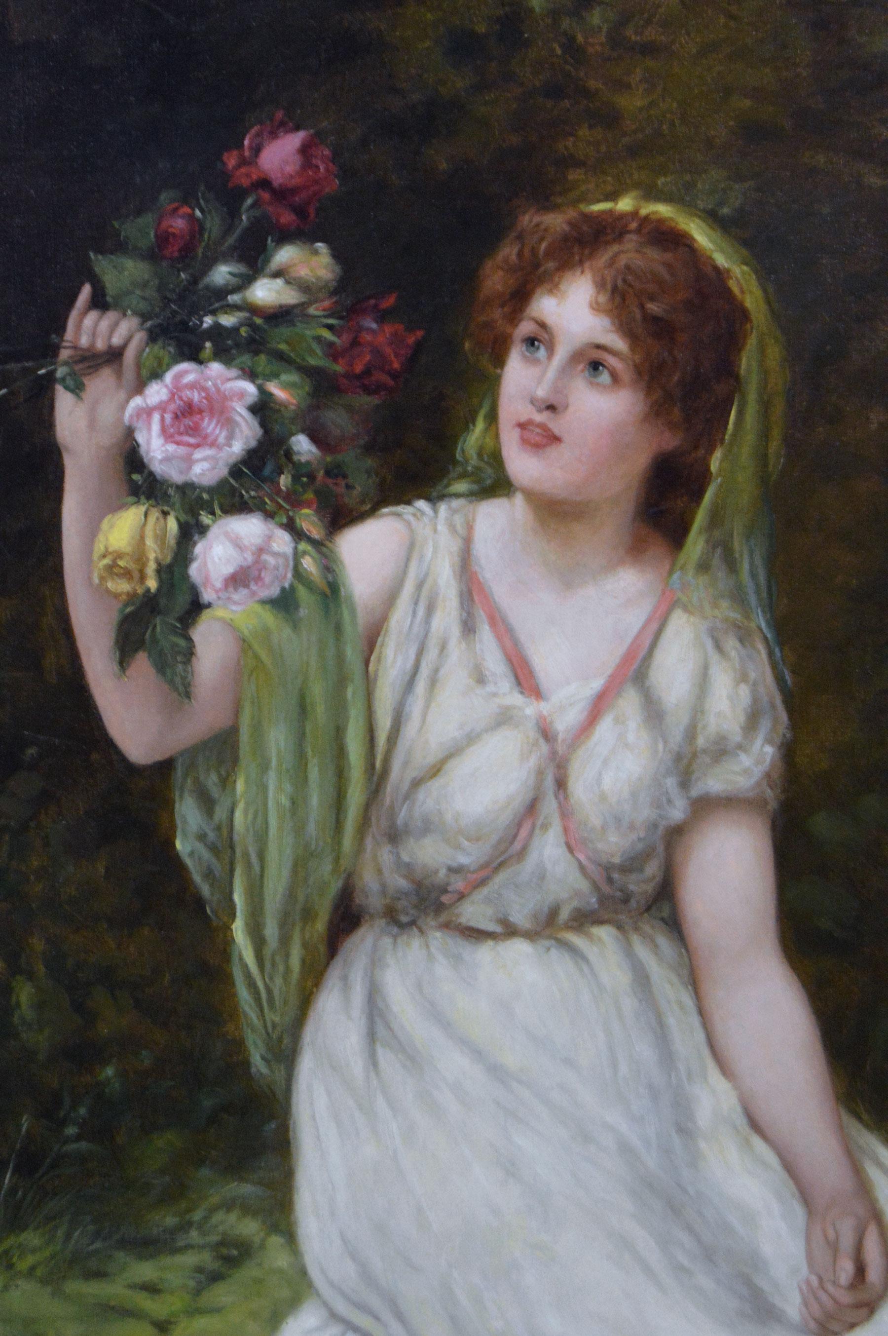 Dipinto a olio di genere del XIX secolo raffigurante una giovane donna con le rose - Figurative Painting Marrone di William Oliver
