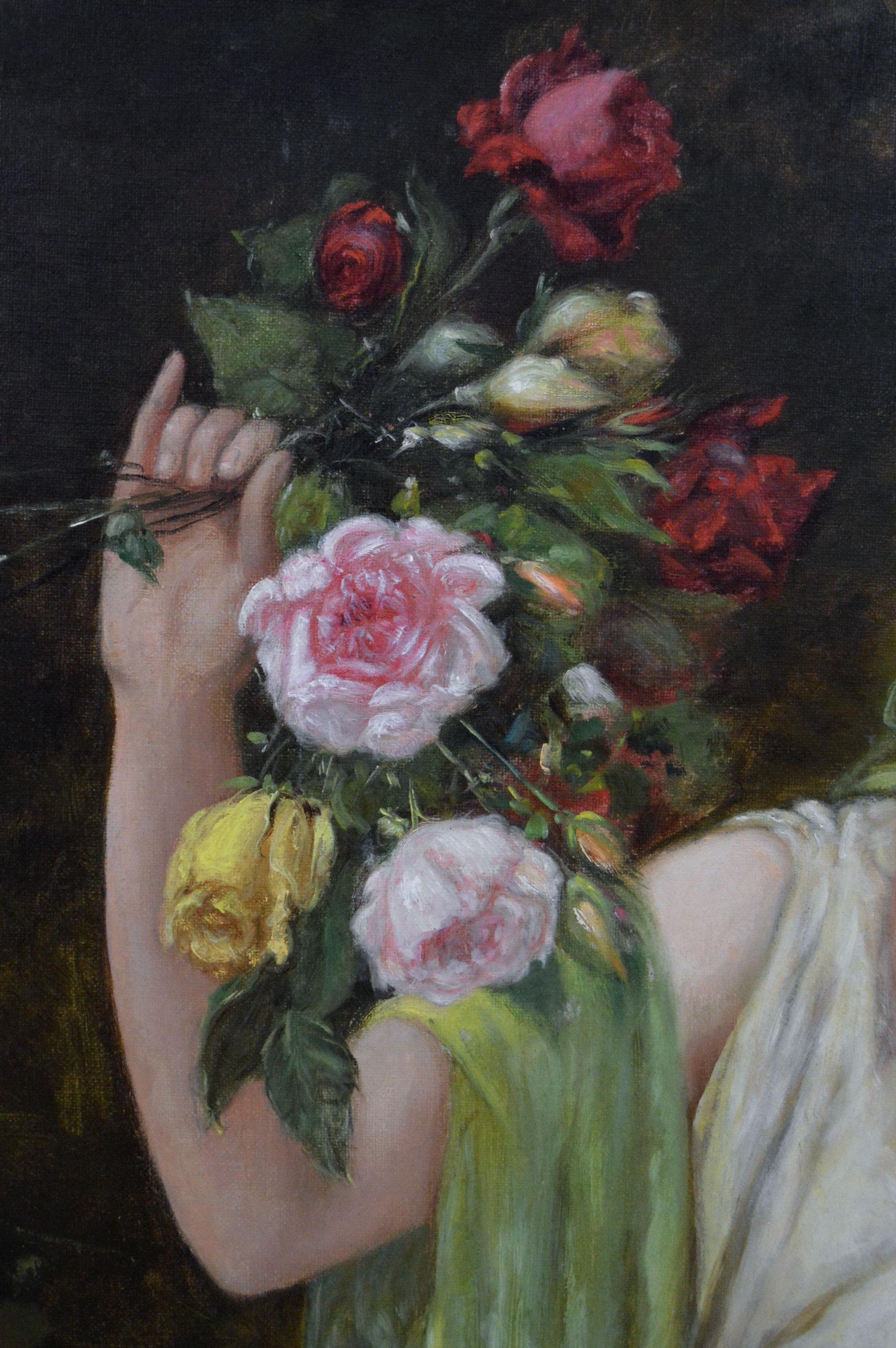 Dipinto a olio di genere del XIX secolo raffigurante una giovane donna con le rose in vendita 1