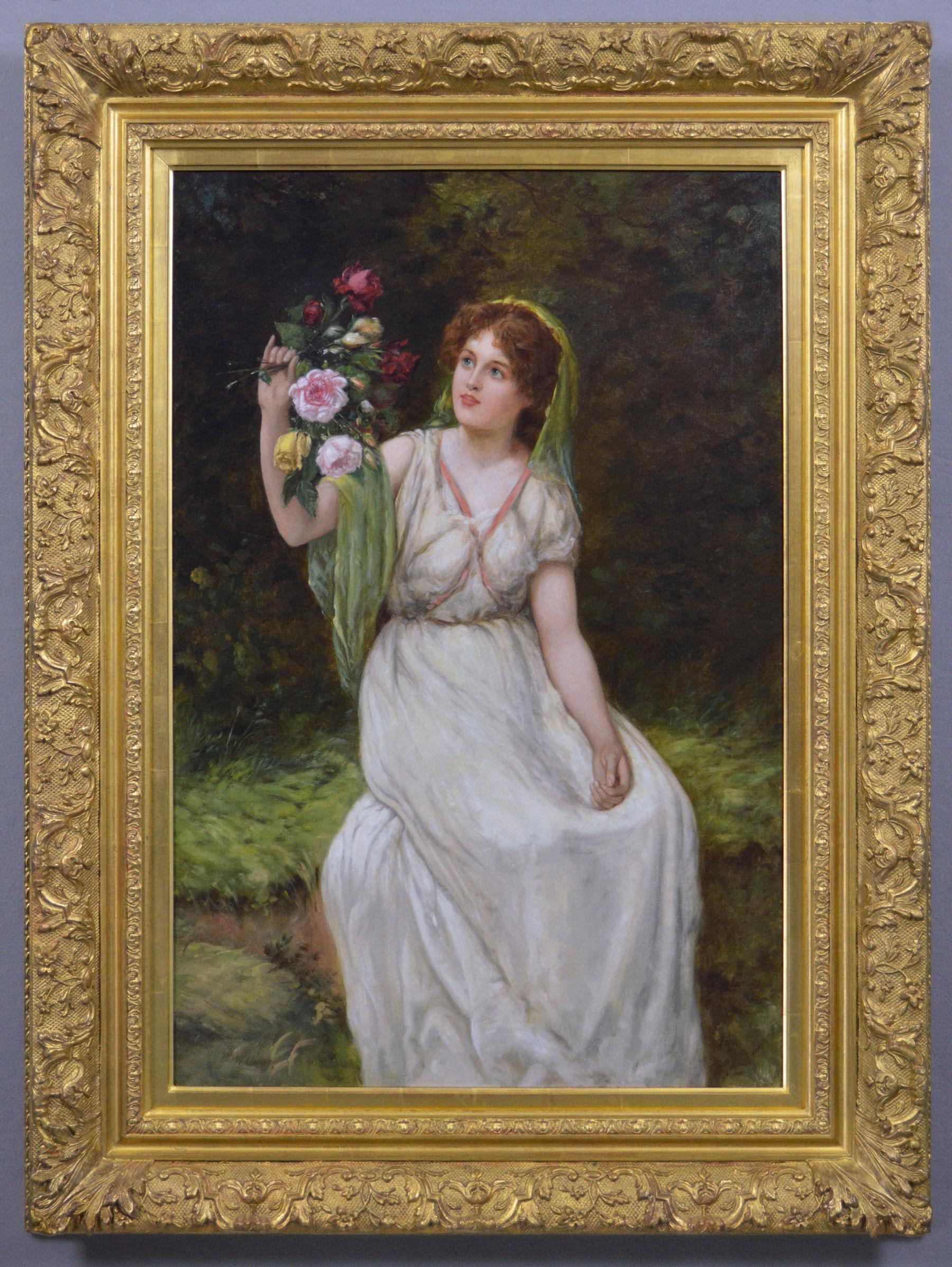 Figurative Painting di William Oliver - Dipinto a olio di genere del XIX secolo raffigurante una giovane donna con le rose