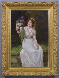19th Century genre oil painting of a young woman with roses