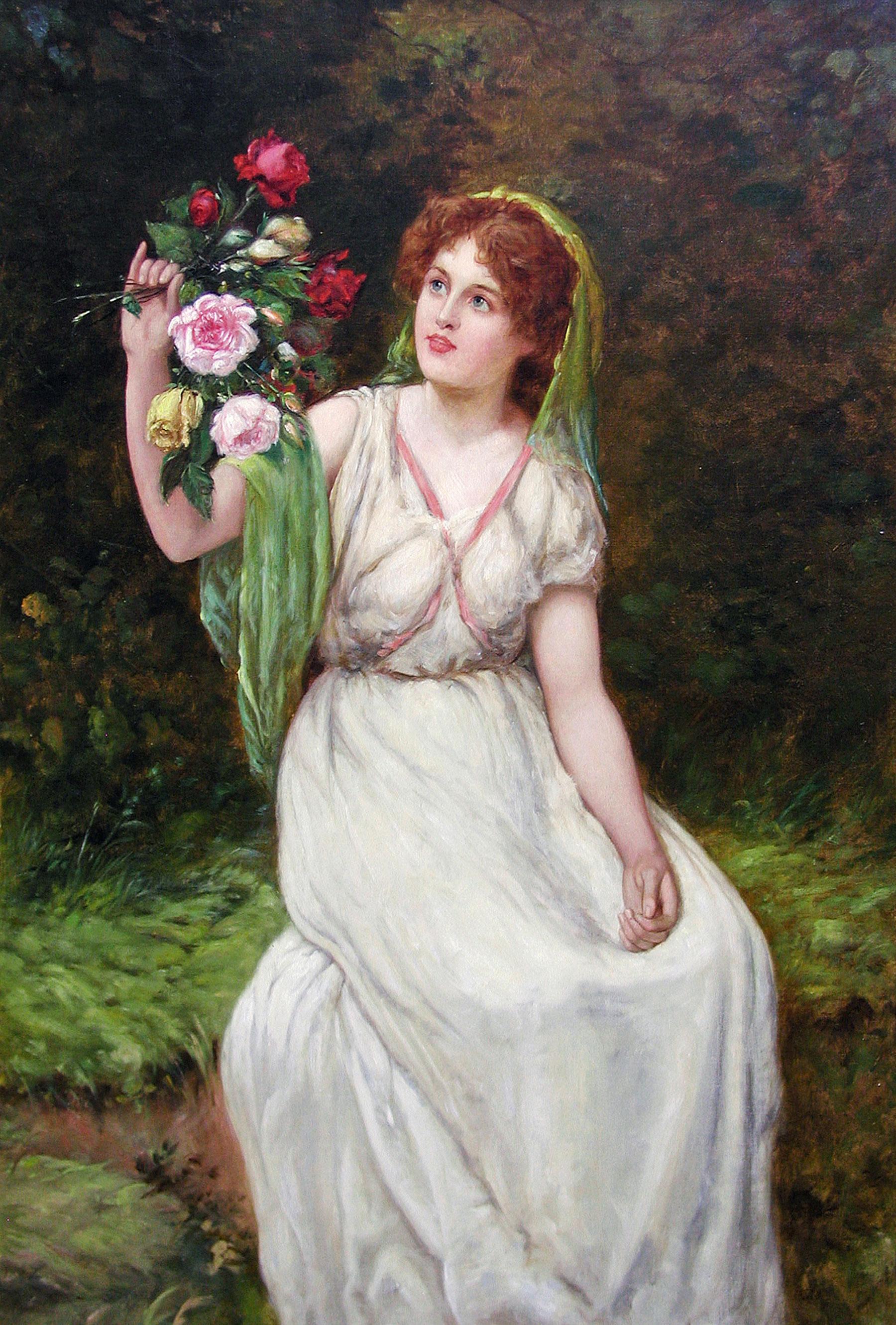 19th Century genre painting of a woman holding flowers - Painting by William Oliver