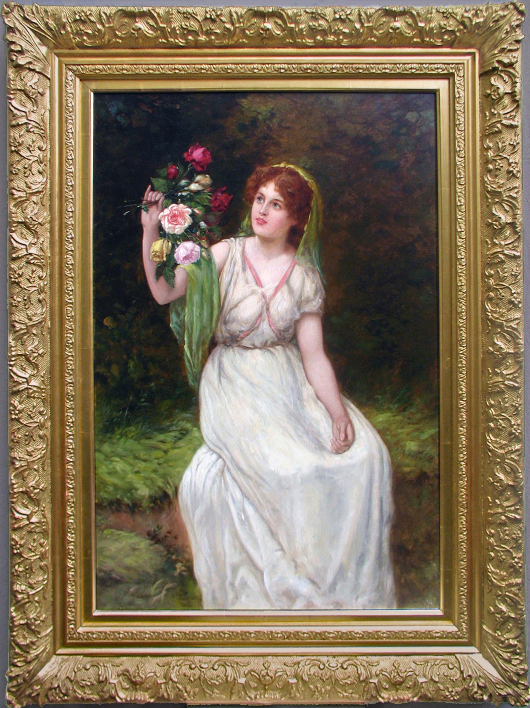 Peinture de genre du 19e siècle représentant une femme tenant des fleurs