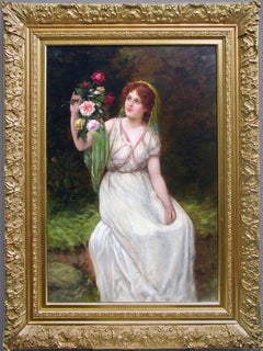 19th Century genre painting of a woman holding flowers