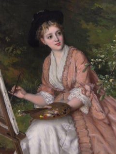 19th Century genre painting of a woman holding an artist’s palette