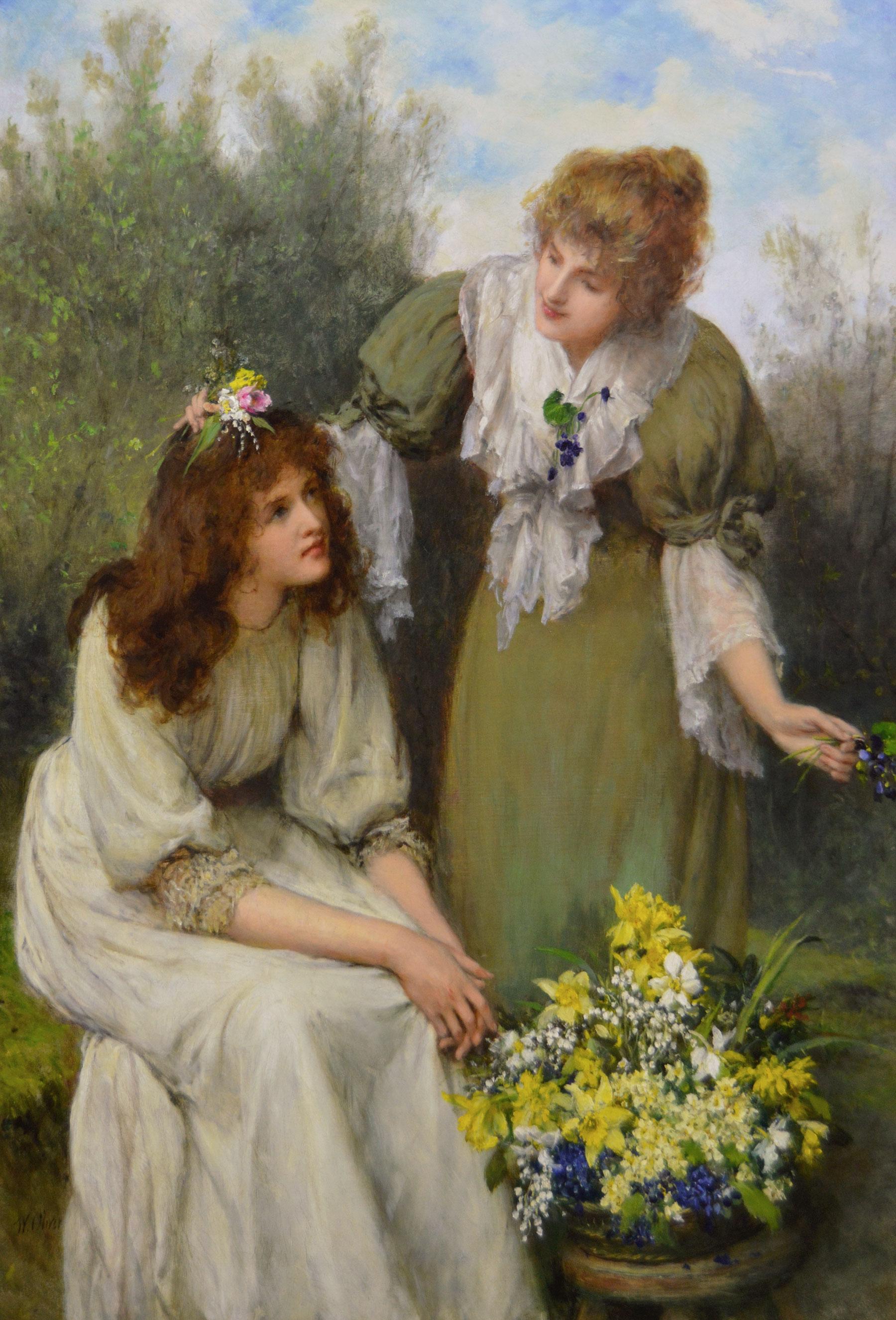 19th Century genre painting of two women with flowers - Painting by William Oliver