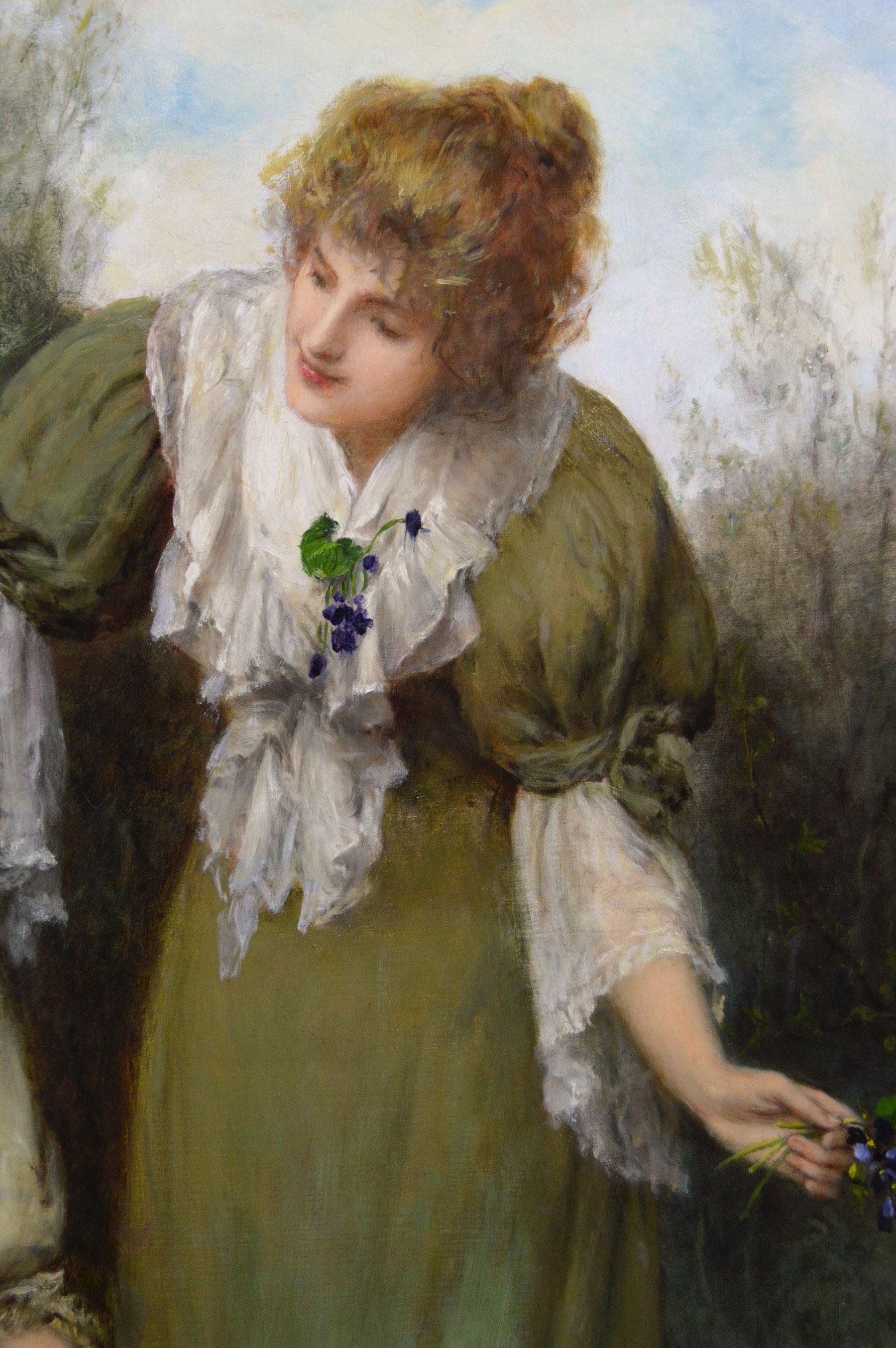 19th Century genre painting of two women with flowers - Victorian Painting by William Oliver