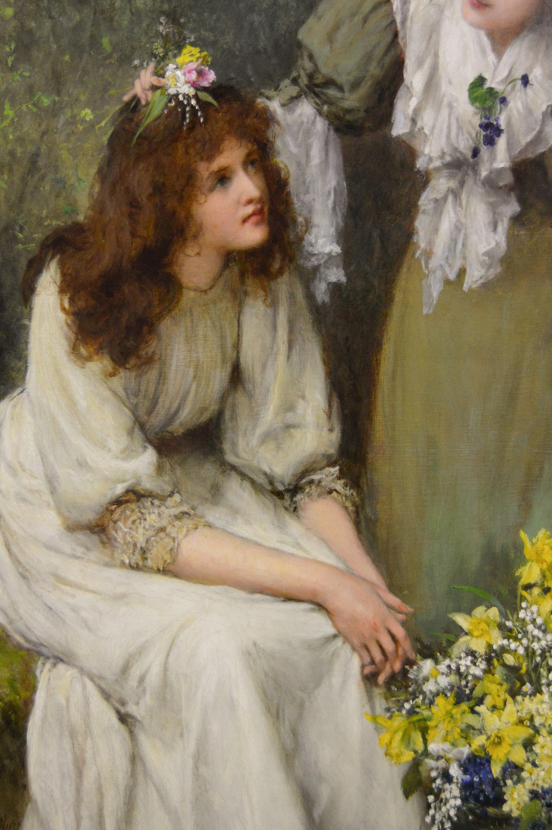19th Century genre painting of two women with flowers - Brown Figurative Painting by William Oliver