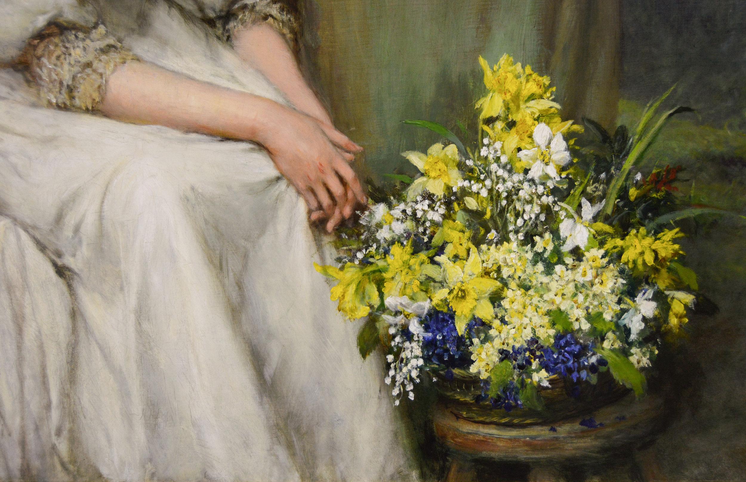 William Oliver
British, (1823-1901)
Confidences
Oil on canvas, signed
Image size: 40.75 inches x 27.75 inches
Size including frame: 47.75 inches x 34.75 inches 

A delightful genre painting of two women with flowers by William Oliver. The young