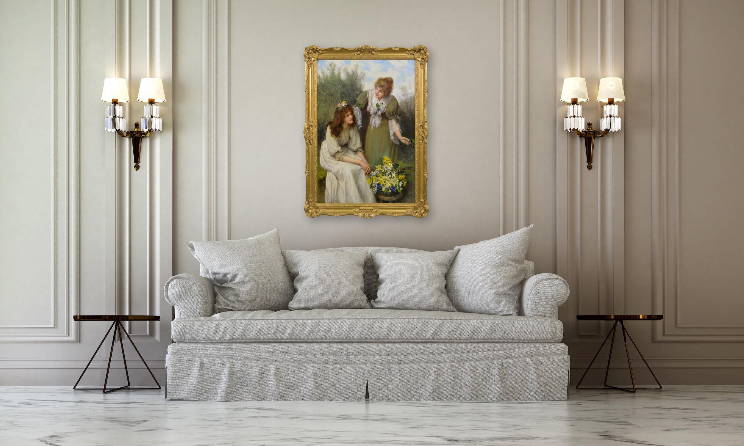 19th Century genre painting of two women with flowers For Sale 2
