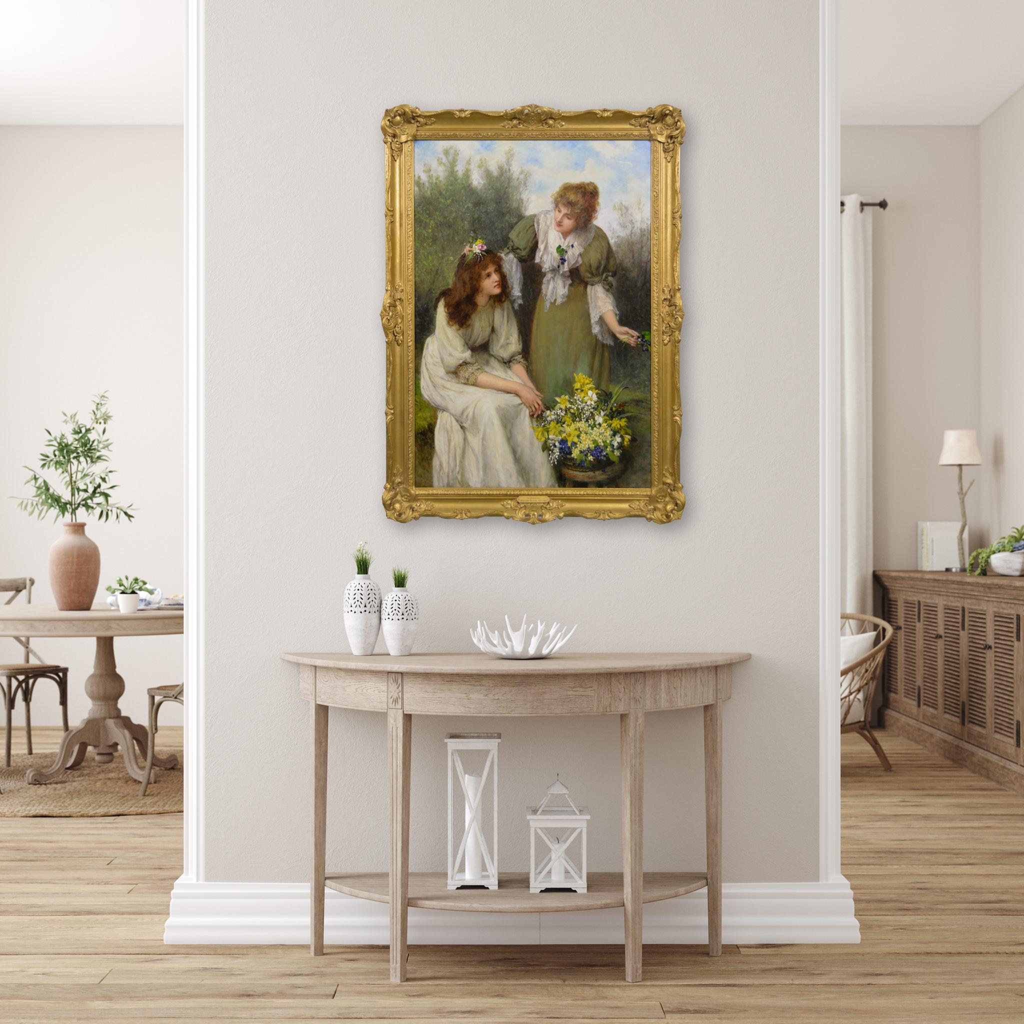 19th Century genre painting of two women with flowers For Sale 3