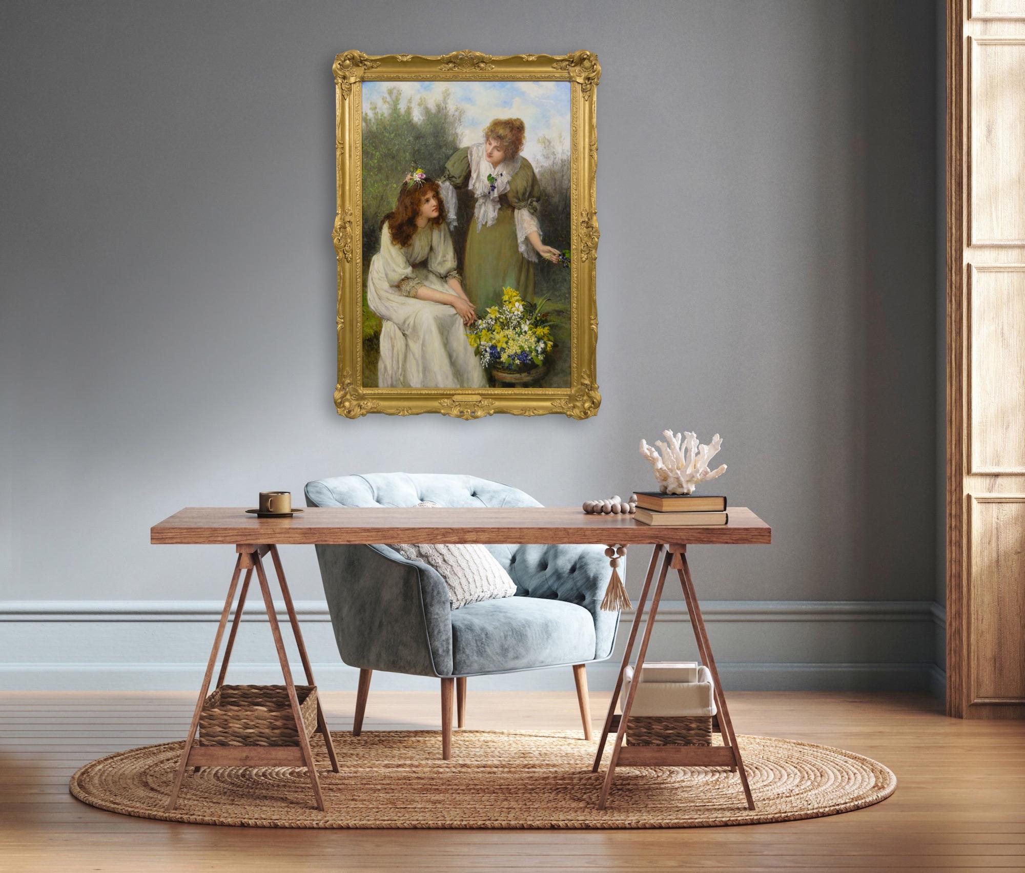 19th Century genre painting of two women with flowers For Sale 4