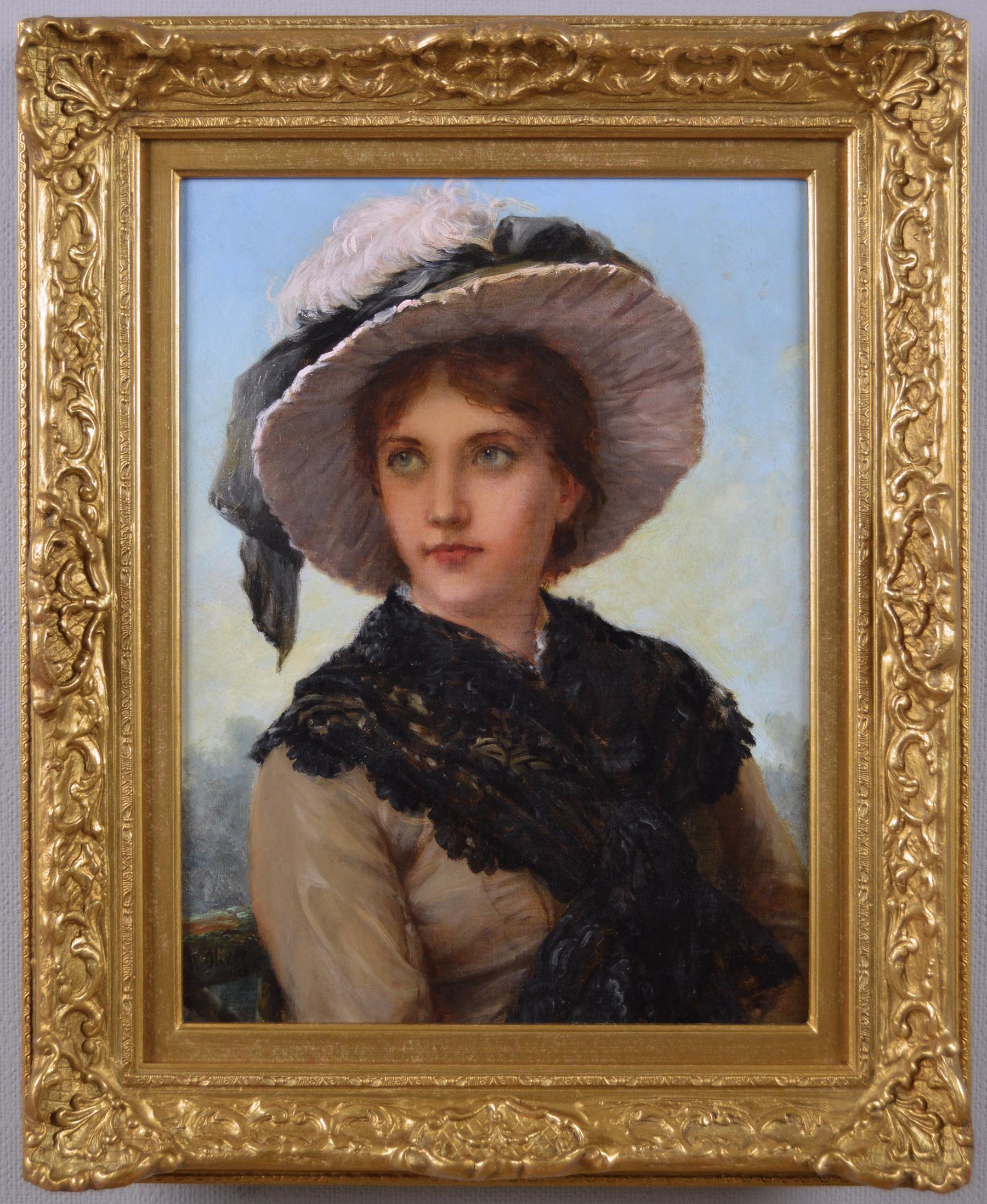 19th Century portrait oil painting of a young woman by William Oliver
