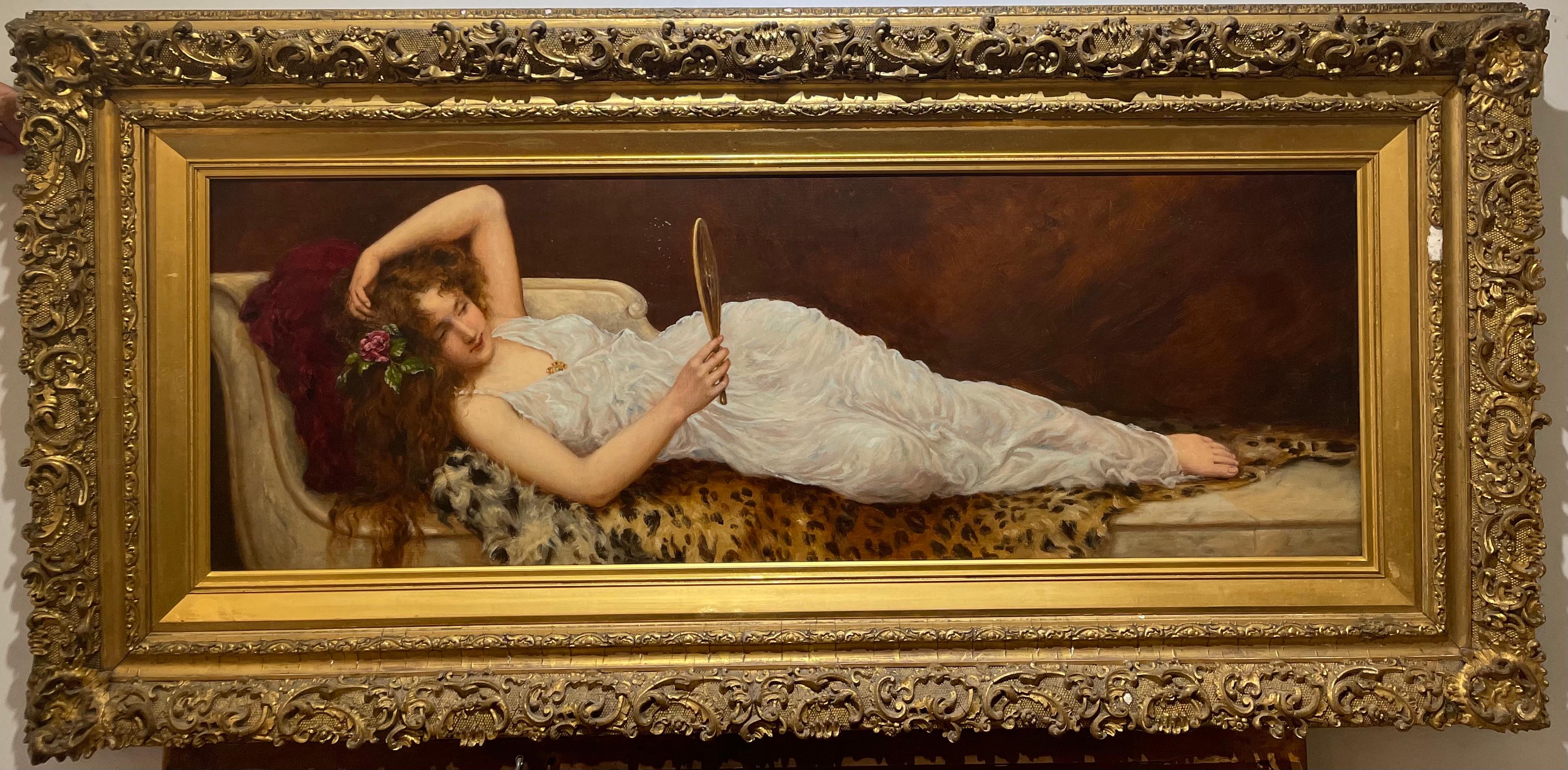 Ancienne peinture orientaliste d'une jeune fille couchée sur une robe Empire - Painting de William Oliver