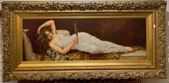 Antique Preraphealite Orientalist Painting of a Recumbent Empire Dresses Girl