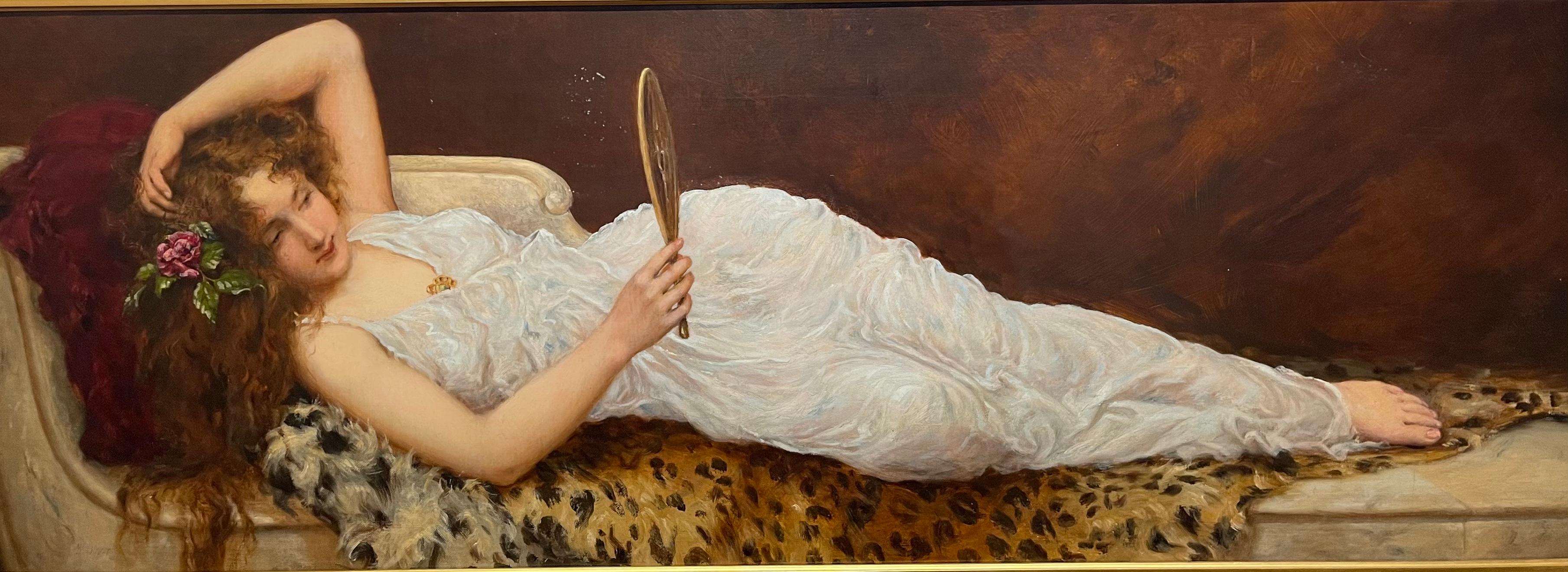 Ancienne peinture orientaliste d'une jeune fille couchée sur une robe Empire - Marron Figurative Painting par William Oliver