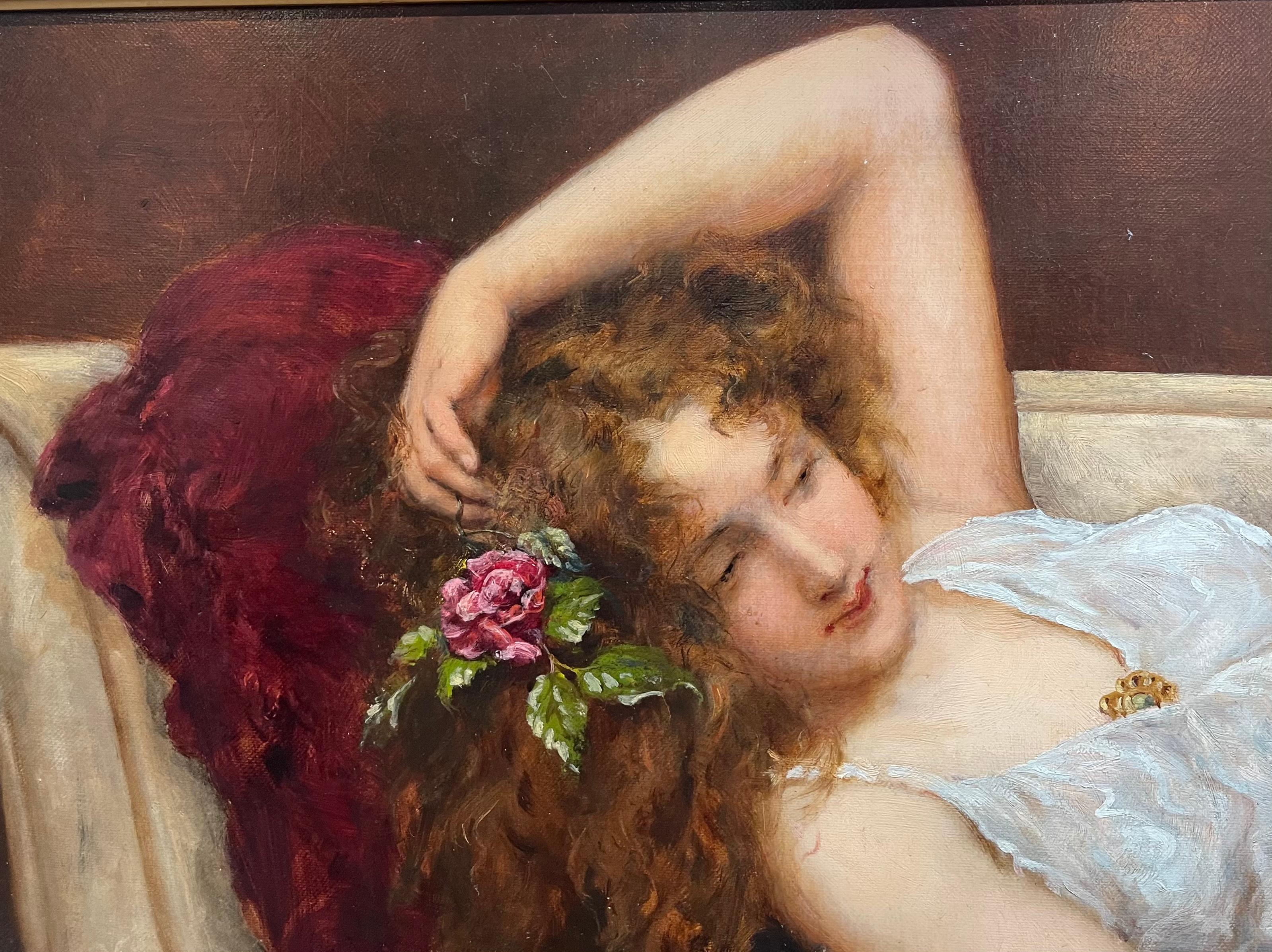 Antique Preraphealite Orientalist Painting of a Recumbent Empire Dresses Girl - Brown Figurative Painting by William Oliver