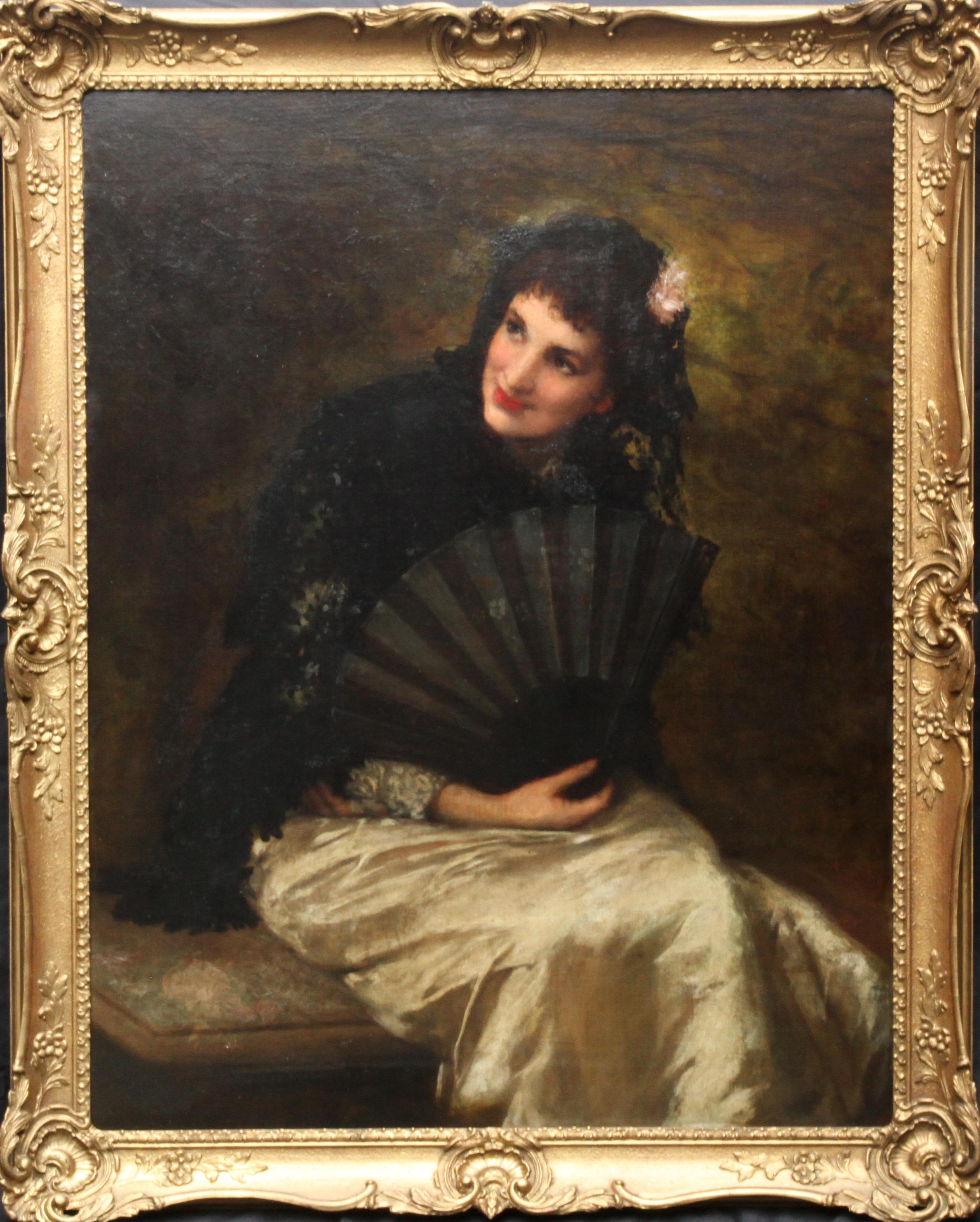 William Oliver Portrait Painting - Portrait of a Spanish Beauty -British Victorian art female portrait oil painting