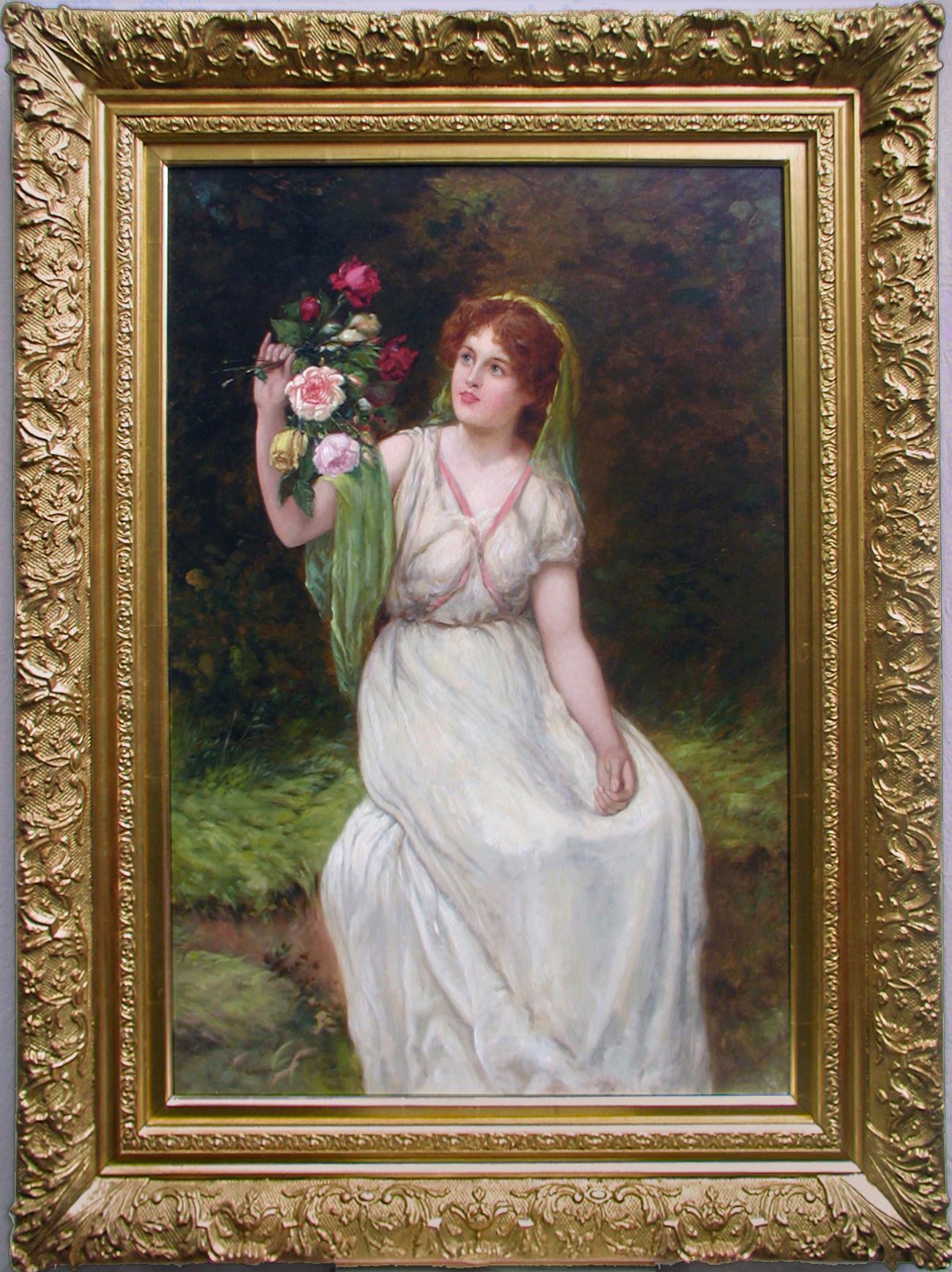 William Oliver Figurative Painting - 19th Century genre painting of a maiden holding flowers