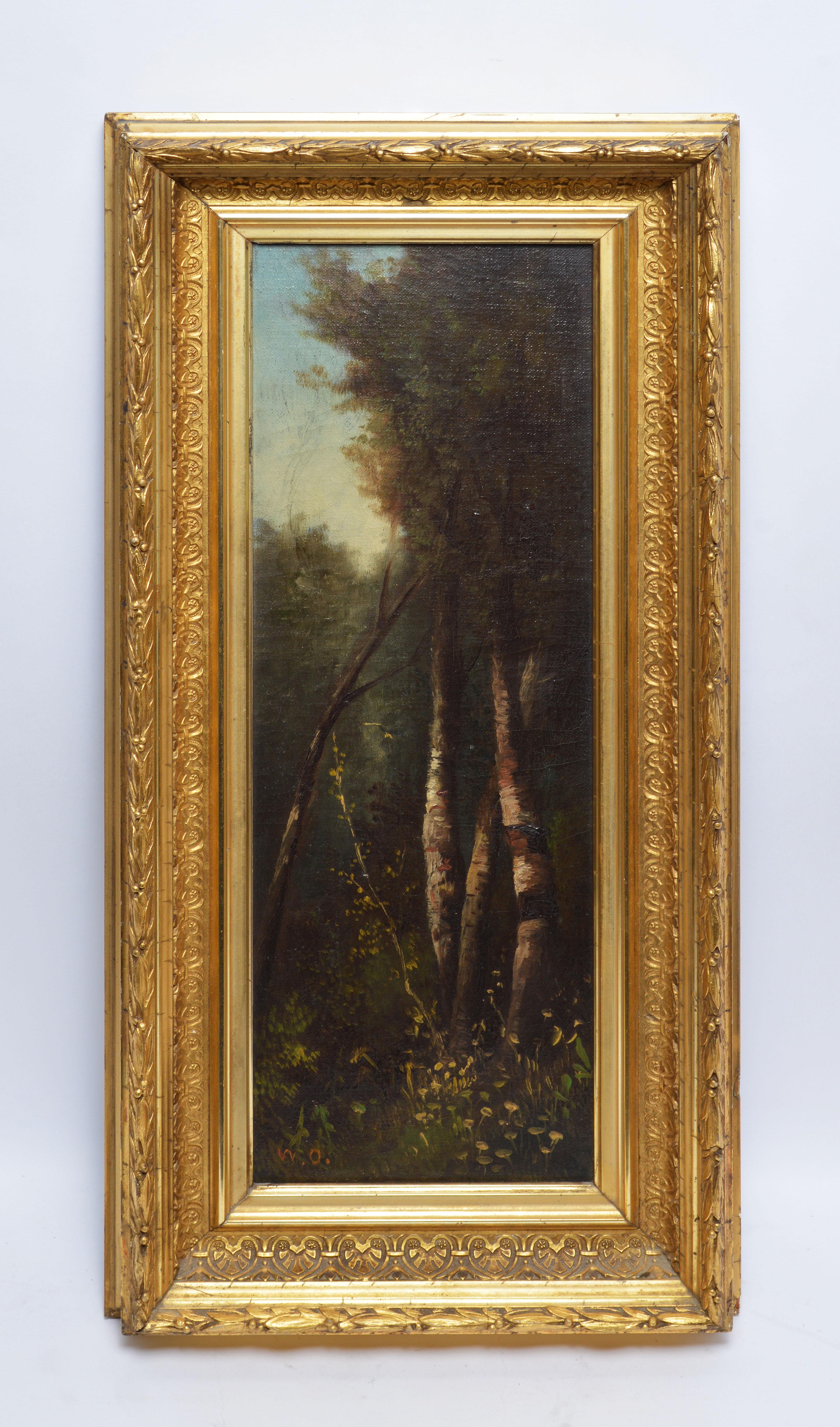 Antique American Hudson River School painting of a forest landcape by William Ongley  (1836 - 1890).  Oil on canvas, circa 1870. Signed in monogram.  Displayed in a period giltwood frame.  Image, 6"L x 18"H, overall 11"L x 23"H.