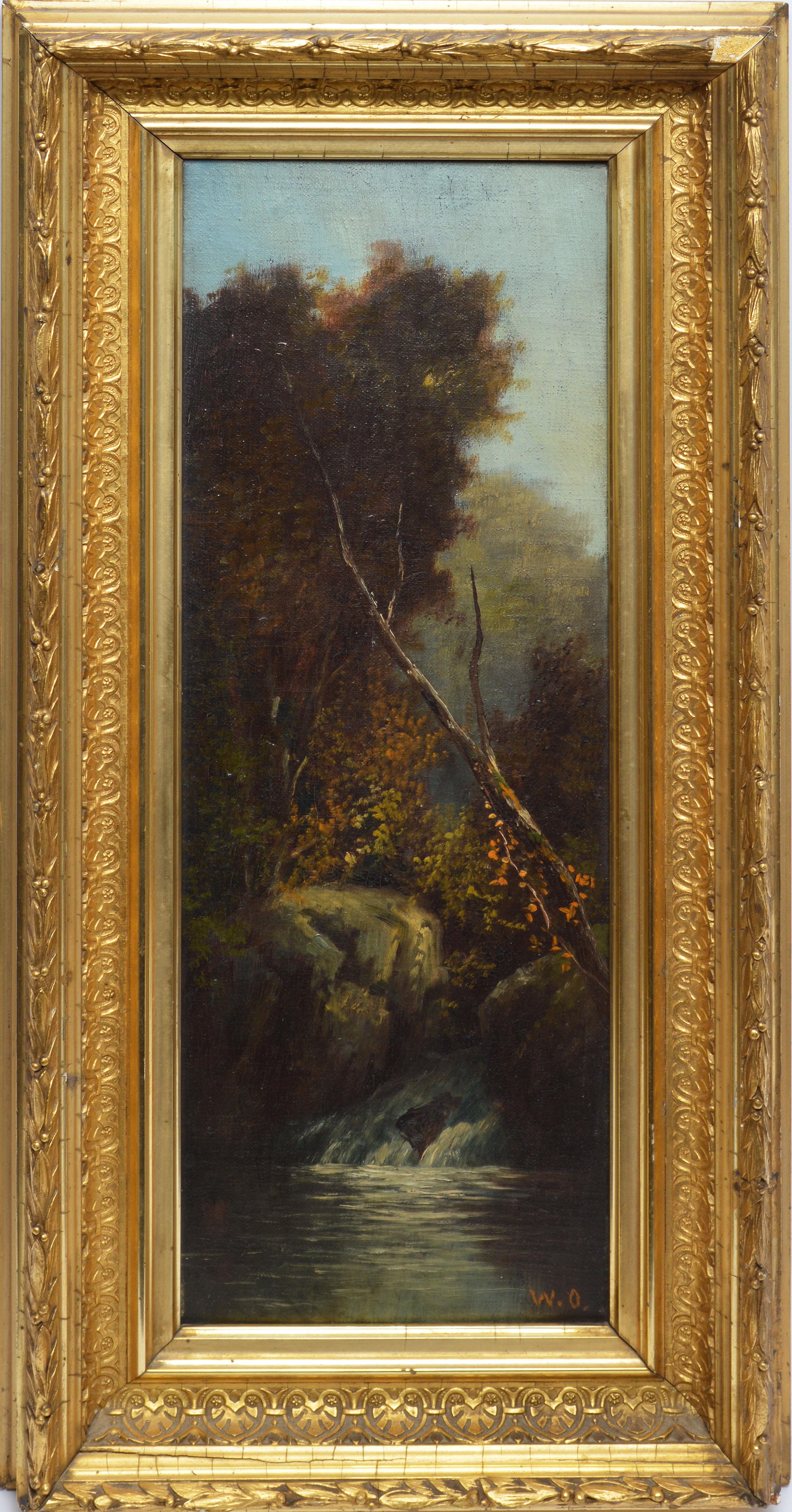 Antique American Hudson River School painting of a waterfall by William Ongley  (1836 - 1890).  Oil on canvas, circa 1870. Signed in monogram.  Displayed in a period giltwood frame.  Image, 6"L x 18"H, overall 11"L x 23"H.