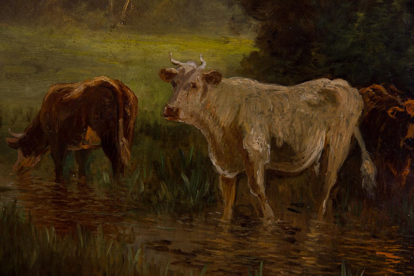 William Ongley (1836-1890) - Very Fine 1887 Oil, Cows at the River 1