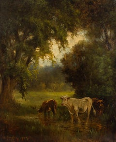 William Ongley (1836-1890) - Very Fine 1887 Oil, Cows at the River