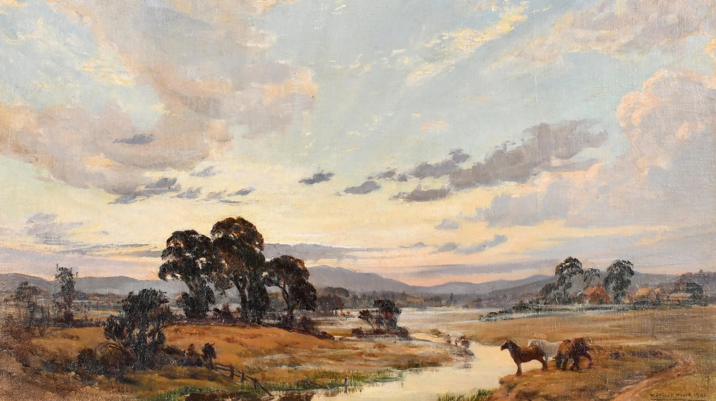 Sonnenuntergang auf der Cheshire Plain - Große impressionistische Pferde in Landschaftsgemälde – Painting von William Ongley Miller