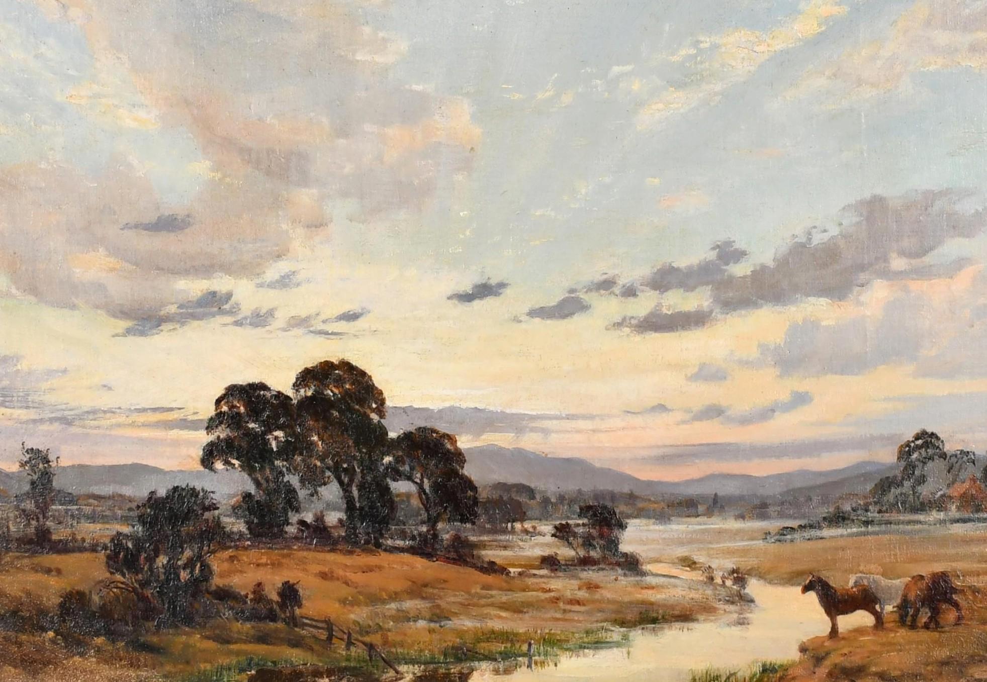 Sonnenuntergang auf der Cheshire Plain - Große impressionistische Pferde in Landschaftsgemälde (Impressionismus), Painting, von William Ongley Miller