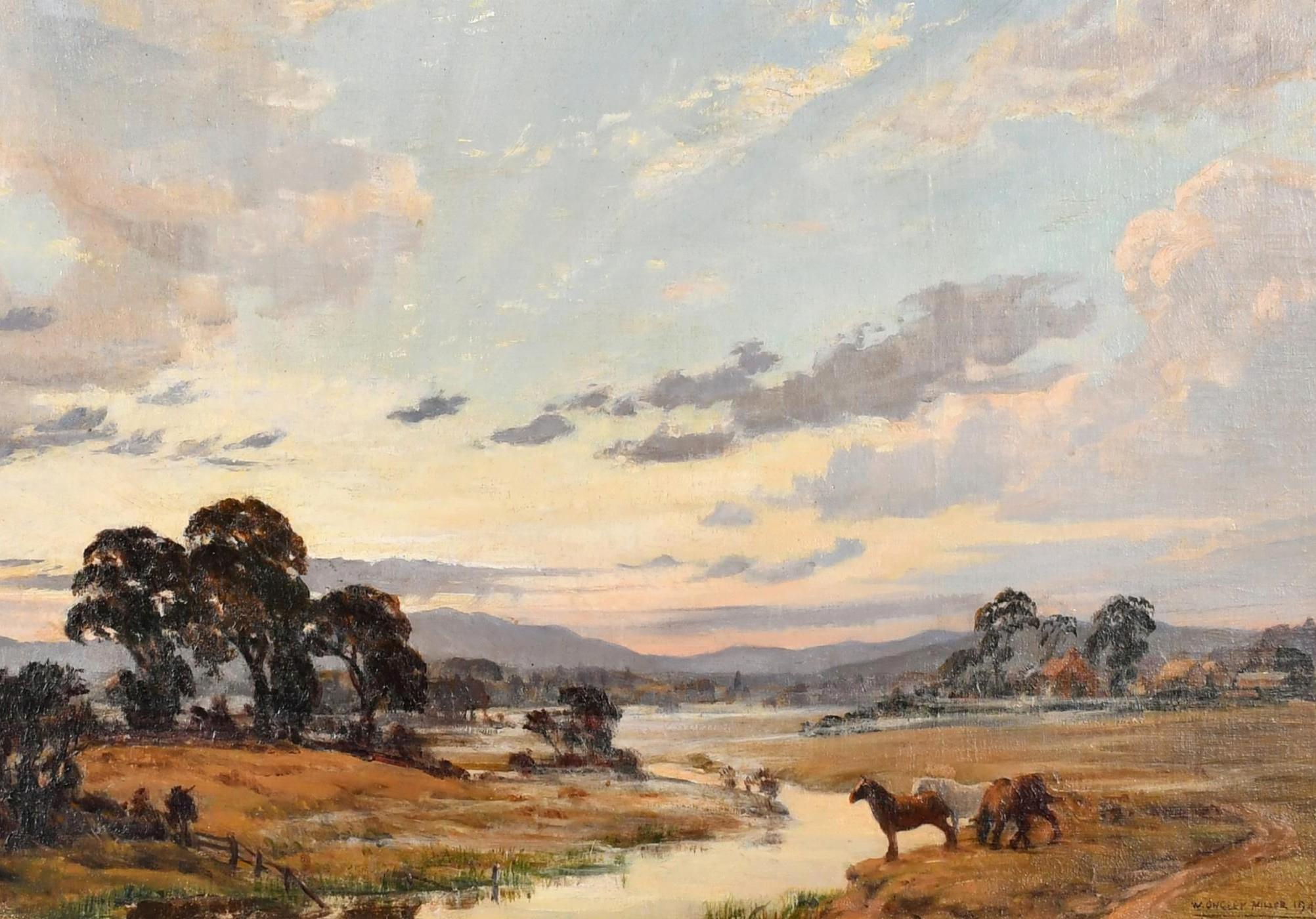 Sonnenuntergang auf der Cheshire Plain - Große impressionistische Pferde in Landschaftsgemälde (Beige), Landscape Painting, von William Ongley Miller