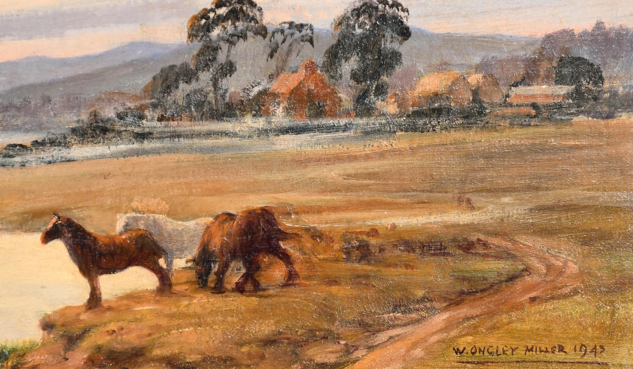 Ein schönes großes signiertes und datiertes Ölgemälde von William Ongley Miller aus dem Jahr 1943, das Pferde in einer Landschaft bei Sonnenuntergang zeigt.

Ausgezeichnete Qualität und Zustand atmosphärische Arbeit, in einem feinen gemalten
