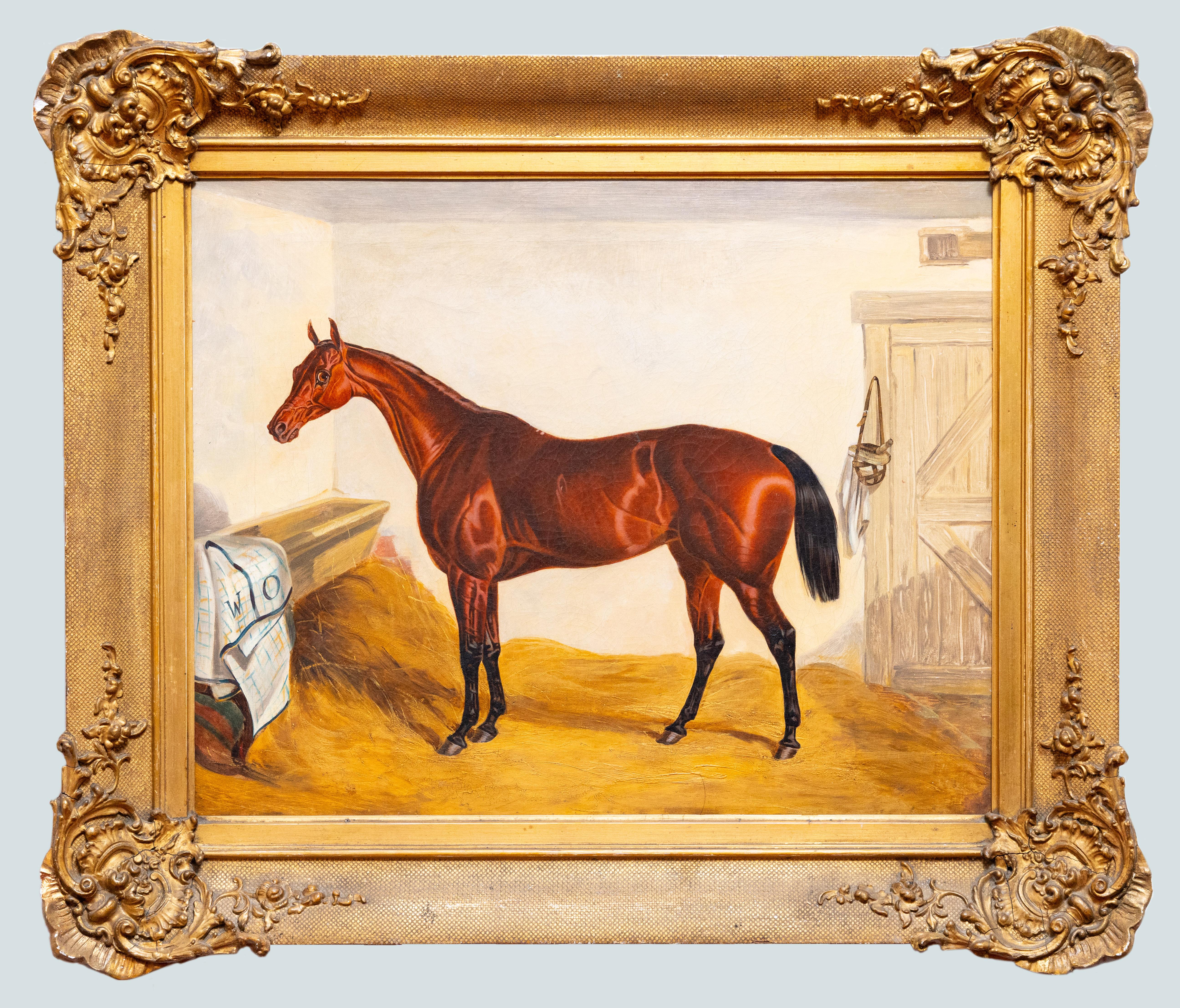 Questo dipinto di William Osborne, un artista irlandese del XIX secolo, raffigura un cavallo da corsa baio in una stalla, immortalato in un ricco olio su tela. La scena evoca un senso di realismo e di attenzione ai dettagli, in quanto Osborne era