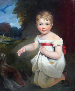 Portrait of Young Girl feeding Chickens - British 19th century art oil painting