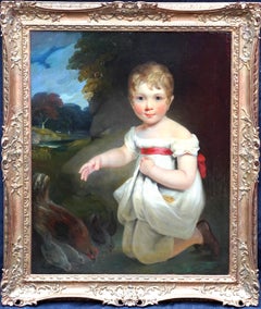 Portrait of Young Girl feeding Chickens - British 19th century art oil painting