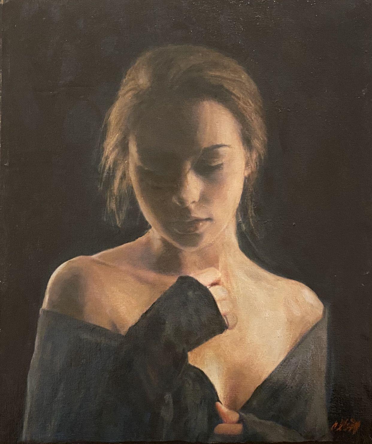 Un momento di silenzio", Pittura, Olio su tela - Painting di William Oxer F.R.S.A.