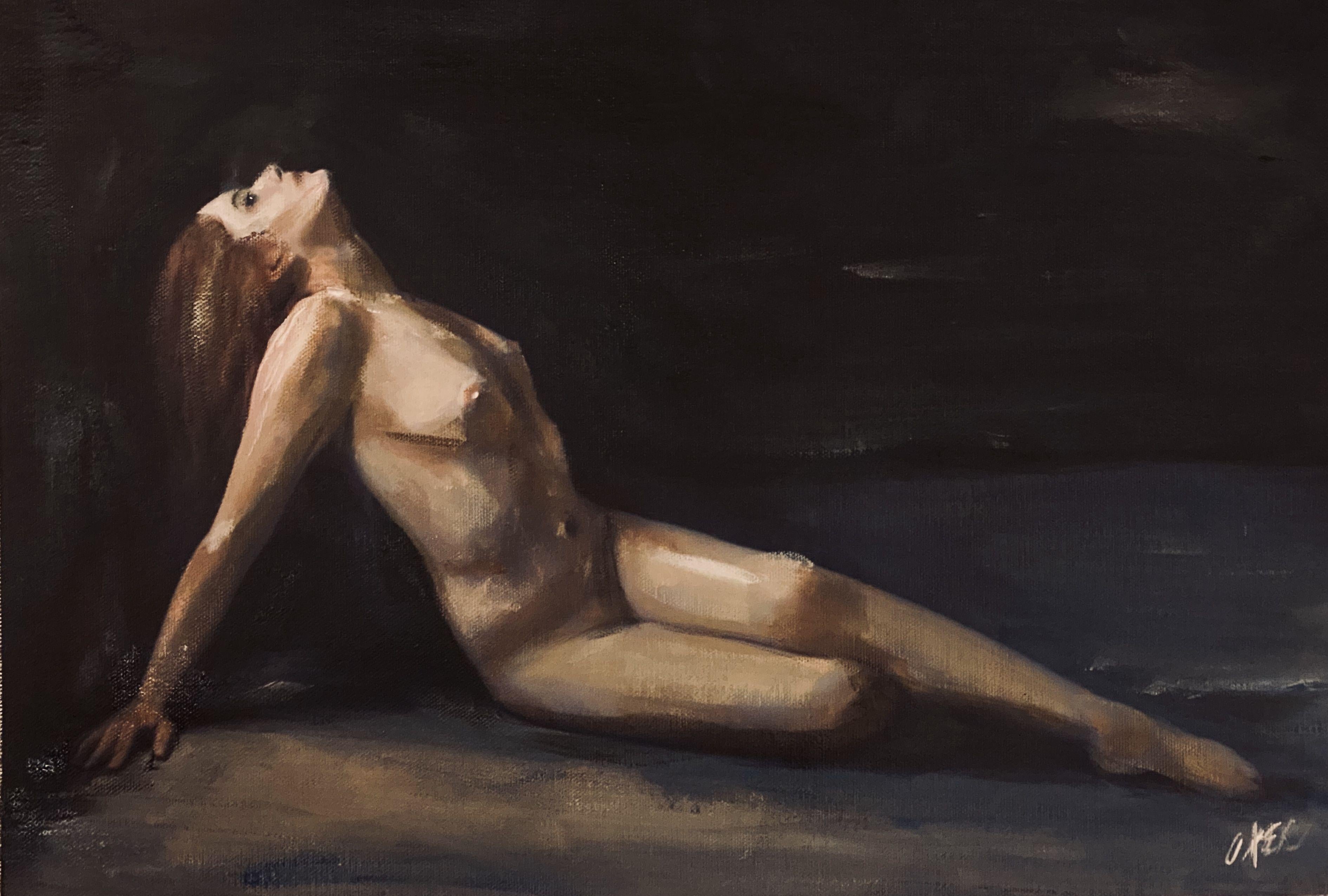 William Oxer F.R.S.A. Nude Painting - Looking To The Heavens, Painting, Acrylic on Canvas