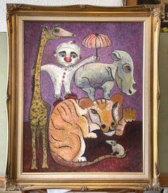 Whimsical Animal Oil Painting Peaceable Kingdom Circus Jungle Animals & Clown
