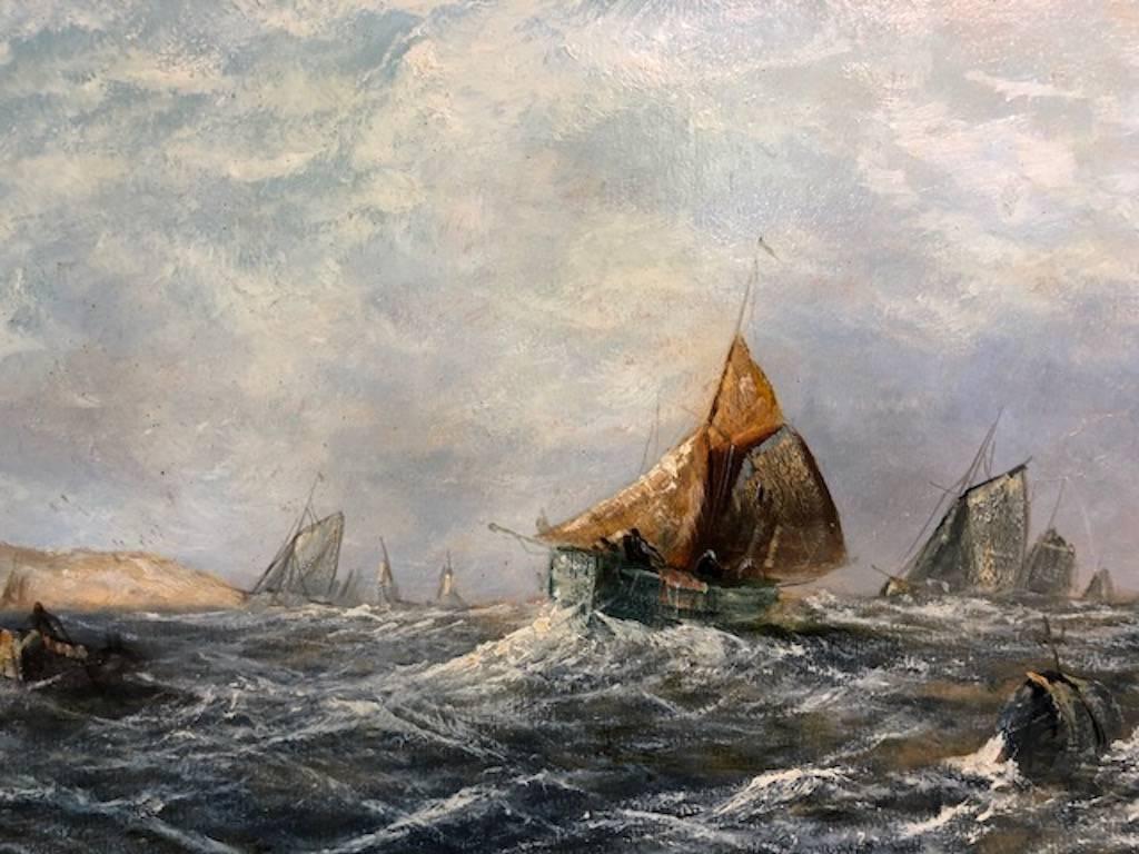 Oil on board, signed lower left
Measures: 11.5” W x 19.5” H, overall size is 19” x 27”.
“Fishing Vessels Entering Whitby Harbour”, circa 1880s.

William P. Rogers was an Irish artist who is best known for his landscape and coastal subjects.