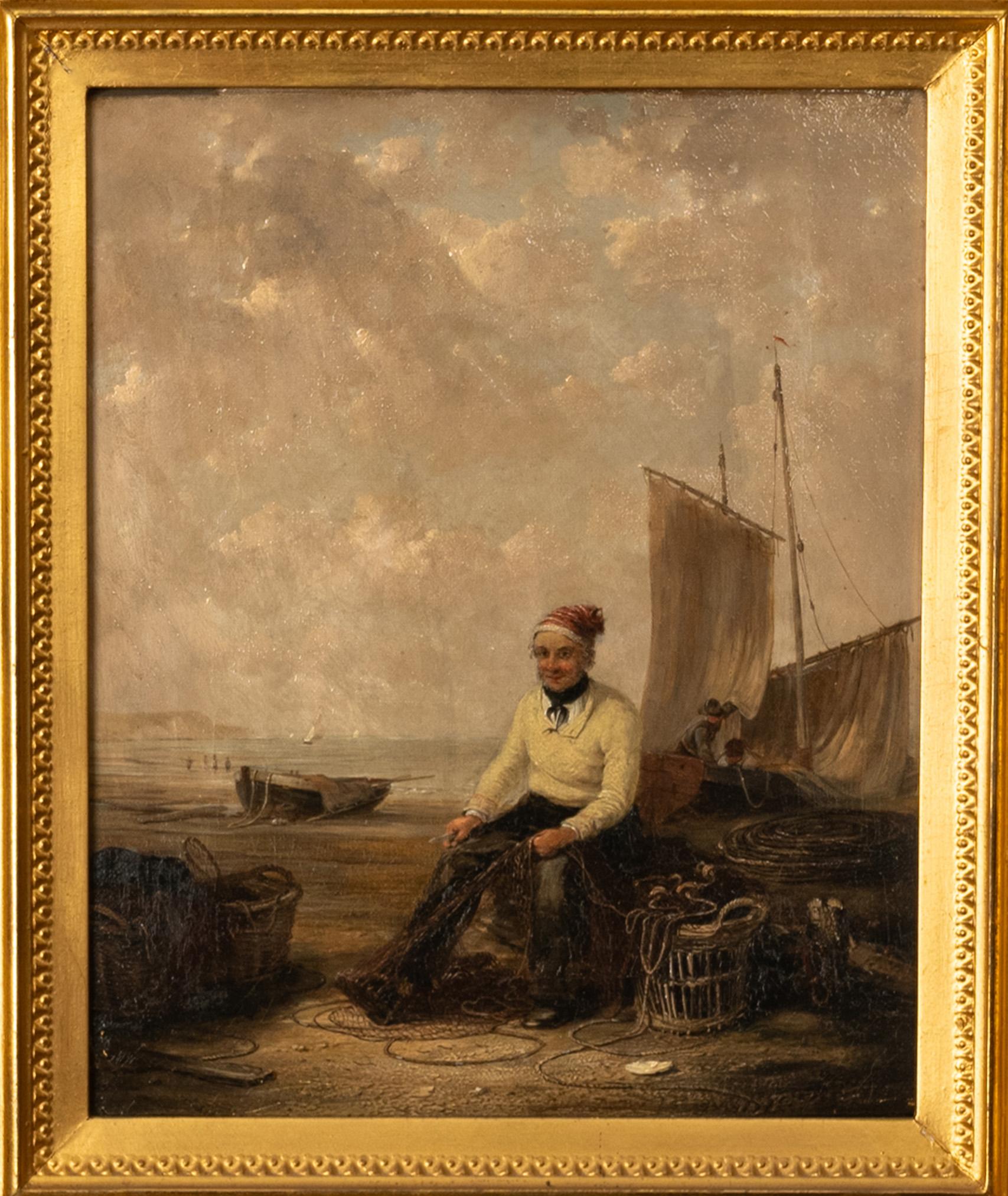 Antique Irish Oil Canvas Fishing Maritime Painting William P Rogers Dublin 1870 - Brown Figurative Painting by William P. Rogers