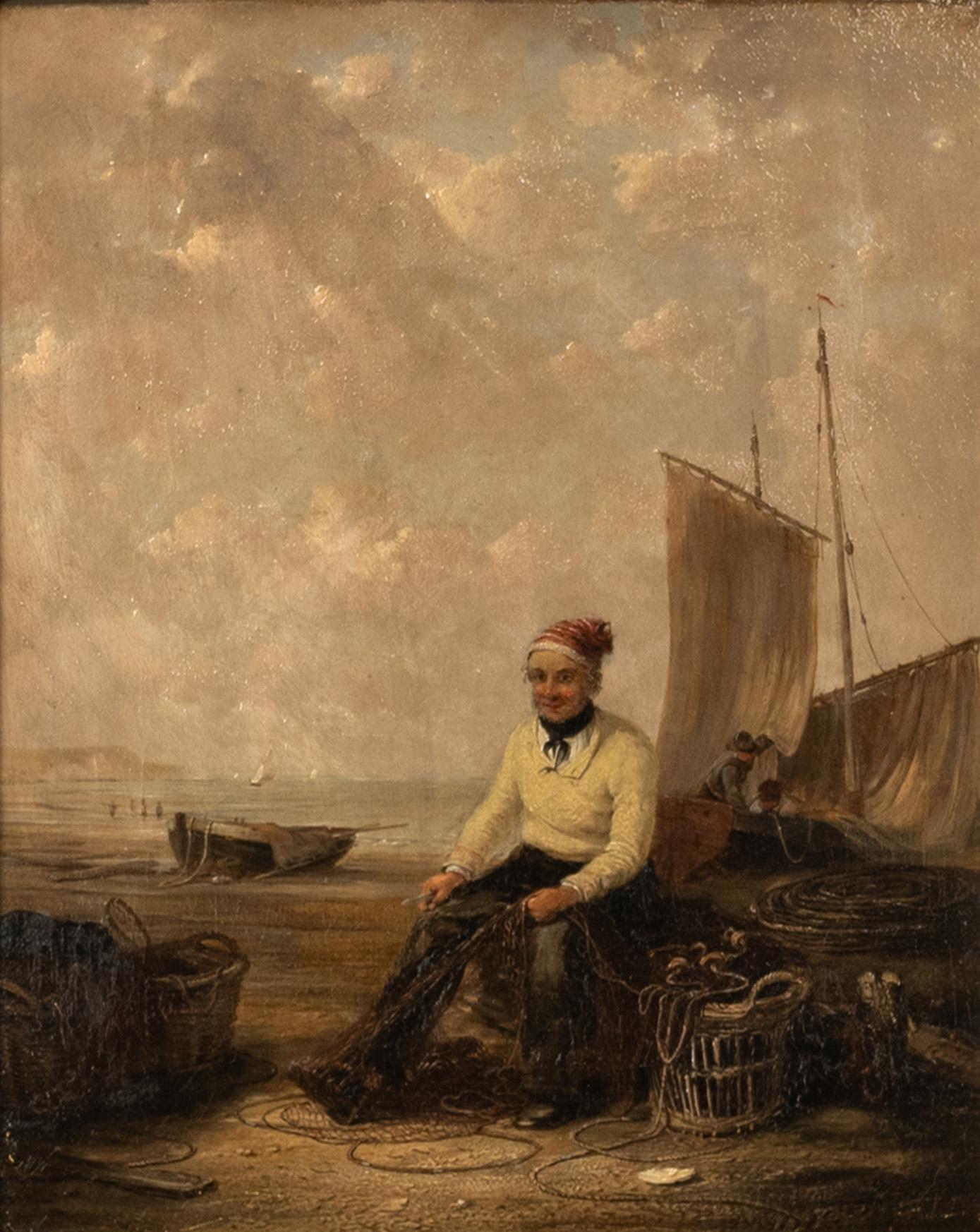 A good & whimsical oil on canvas painting by the Irish painter William P. Rogers (fl 1846-1872). The work depicts a fisherman mending his nets, with baskets & ropes to the foreground and fishing vessels & other fishermen to the background. Housed in