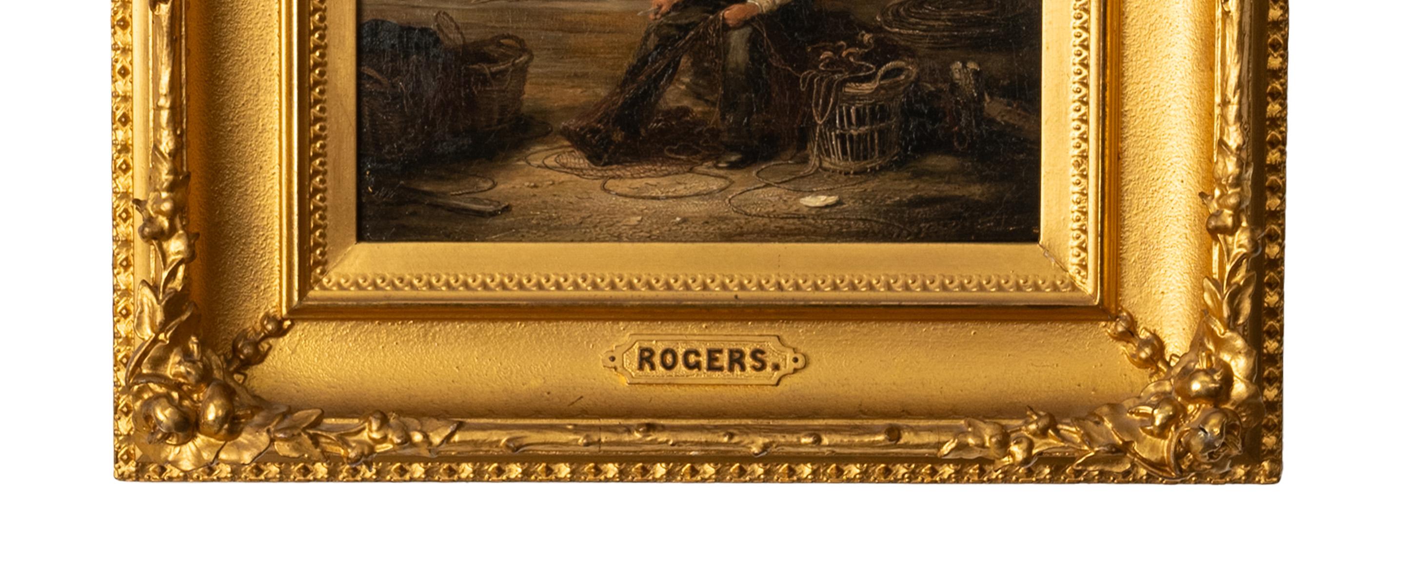 Une bonne et fantaisiste huile sur toile du peintre irlandais William P. Rogers (fl 1846-1872). L'œuvre représente un pêcheur réparant ses filets, avec des paniers et des cordes au premier plan et des bateaux de pêche et d'autres pêcheurs à