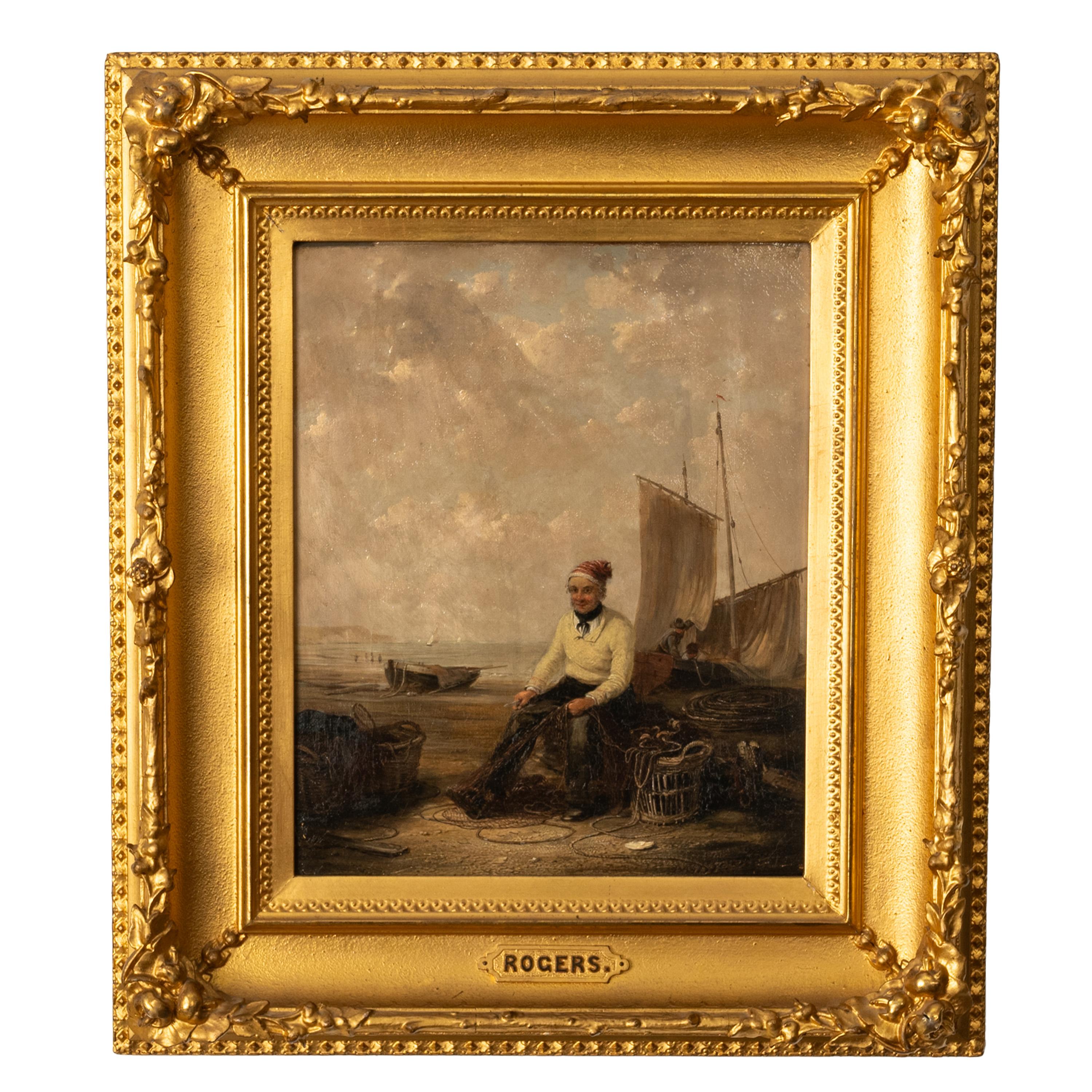 William P. Rogers Figurative Painting - Antique Irish Oil Canvas Fishing Maritime Painting William P Rogers Dublin 1870
