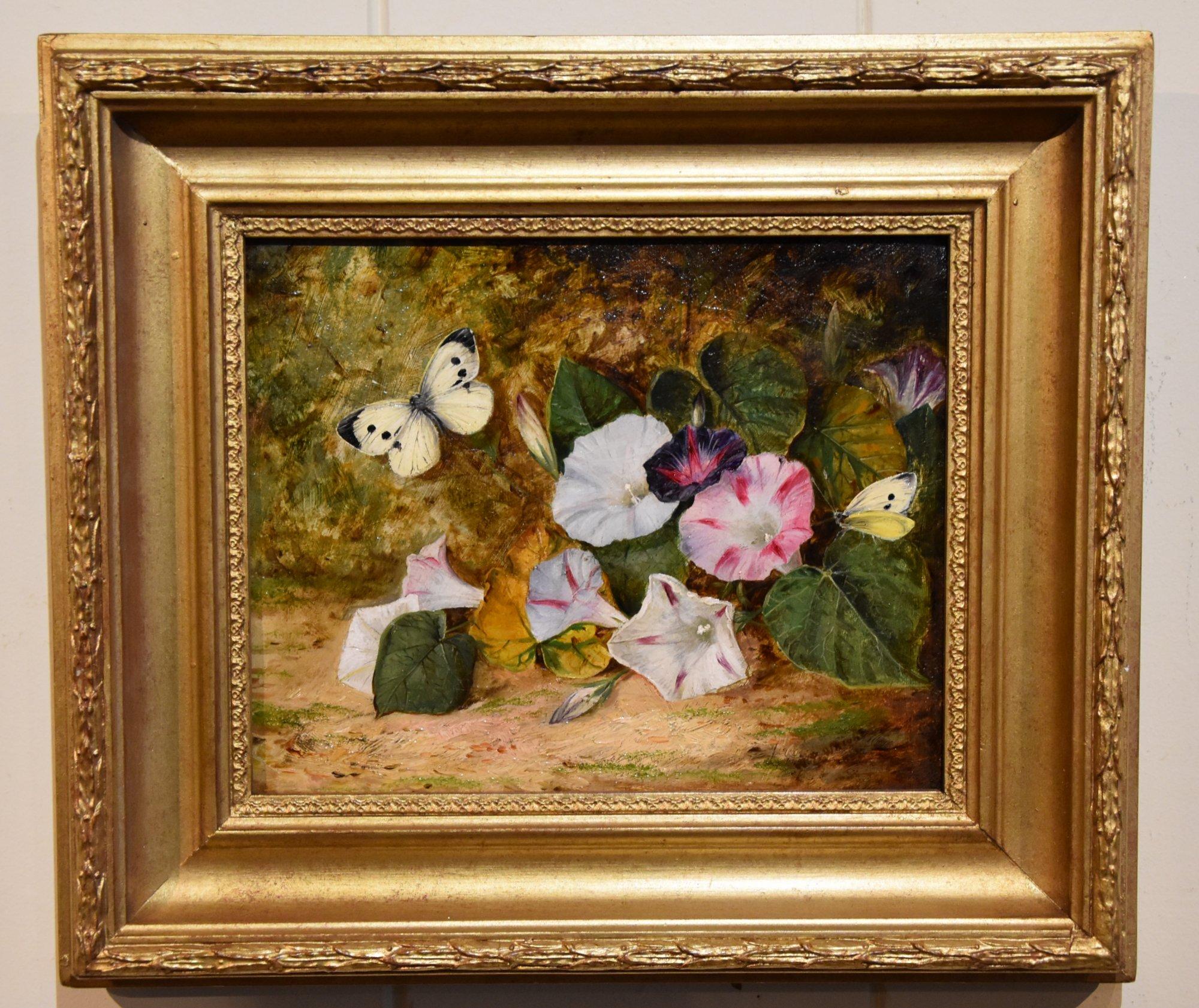 Oil Painting by William P Wright "Lilies and Butterflies" A Painter  of attractive still life often birds present. Exhibited at the Royal Society of British artists in 1882 from his Islington address. Oil on canvas. Signed and dated 1882 with