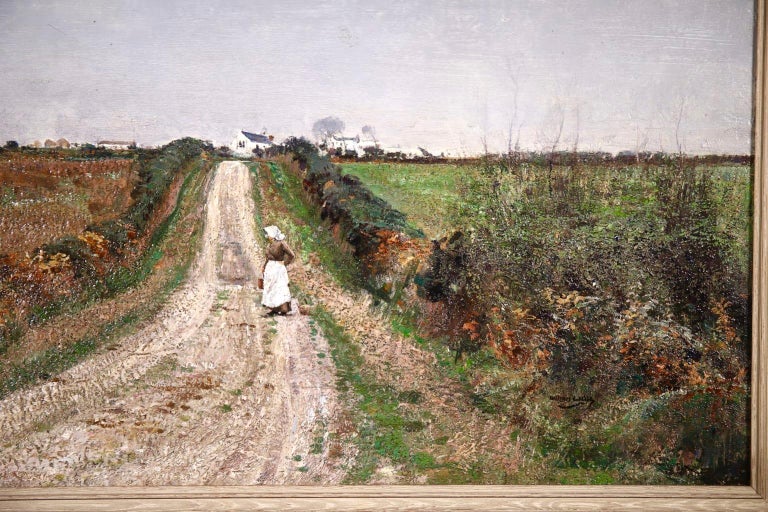 A wonderful oil on canvas c.1900 by Scottish impressionist painter William Page Atkinson Wells. The piece depicts a woman on a track in Breton clothing looking on as a mother and child pick wildflowers in the adjoining field. The white houses of the