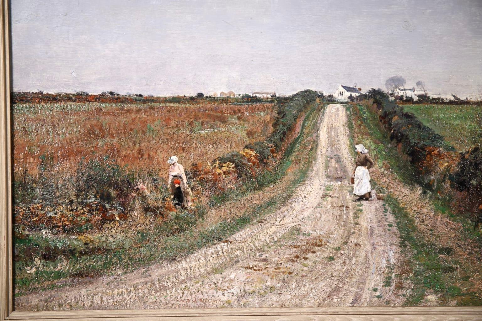 Gathering Wildflowers - Impressionist Oil, Figures in Landscape by WPA Wells - Gray Landscape Painting by William Page Atkinson Wells