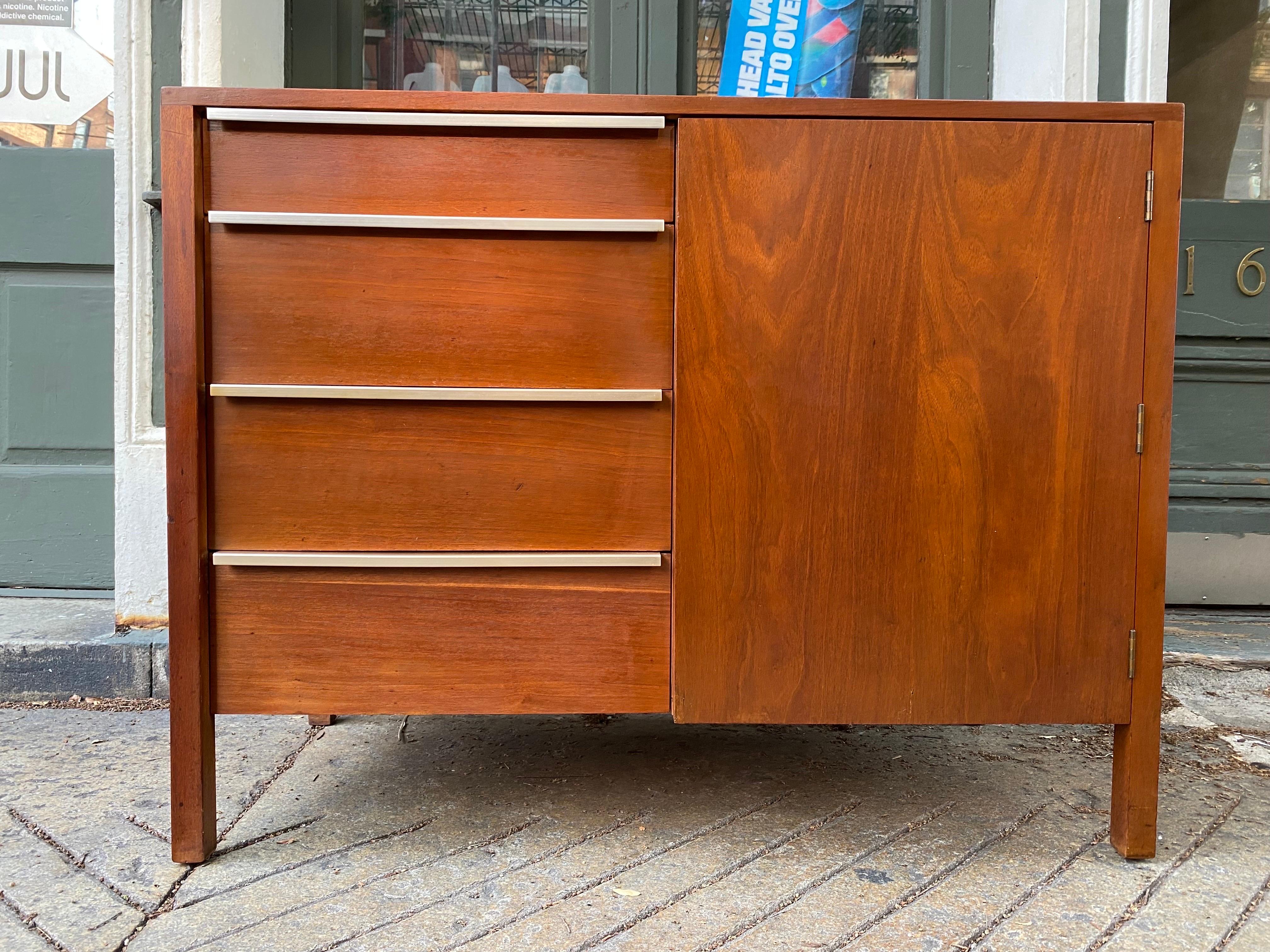 William Pahlmann for hastings walnut buffet. Very clean original condition! Aluminum trim handles. 3 Drawers on left and one door that opens to reveal an adjustable shelf. Dining table, 4 dining chairs, server and bedroom dressers.